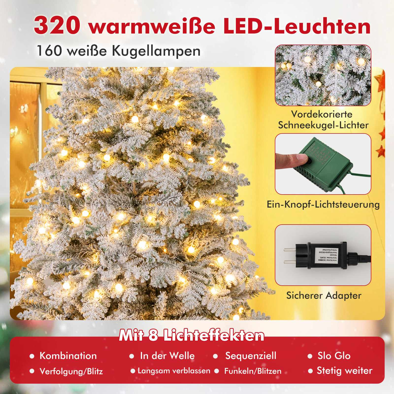 Een met sneeuw bedekte kerstboom met 320 warmwitte LED-lampjes en 8 lichteffecten.