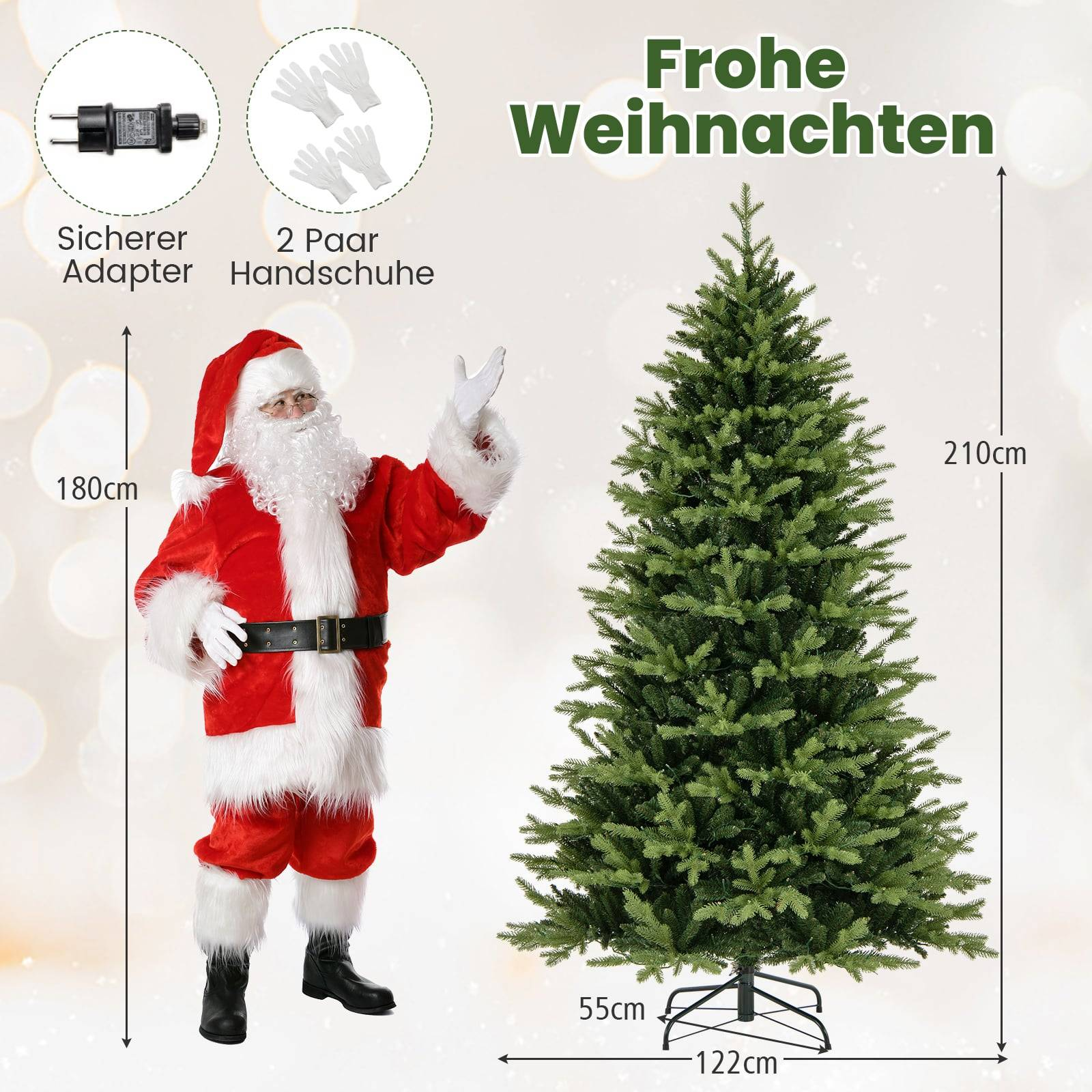 Kerstman naast een 2,10m hoge kerstboom. Boven: adapter en handschoenen.