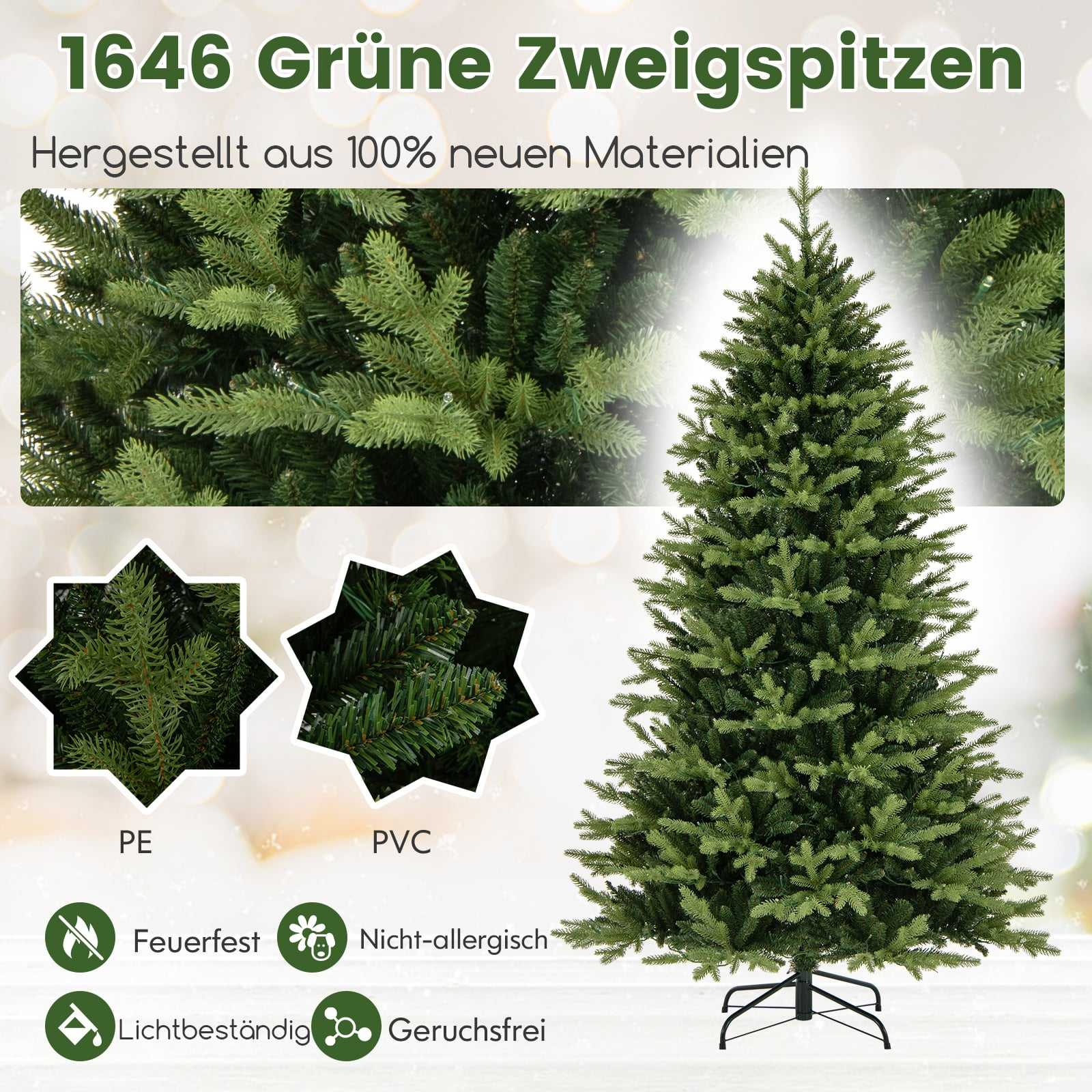 Een groene kerstboom met gedetailleerde takken en informatie.