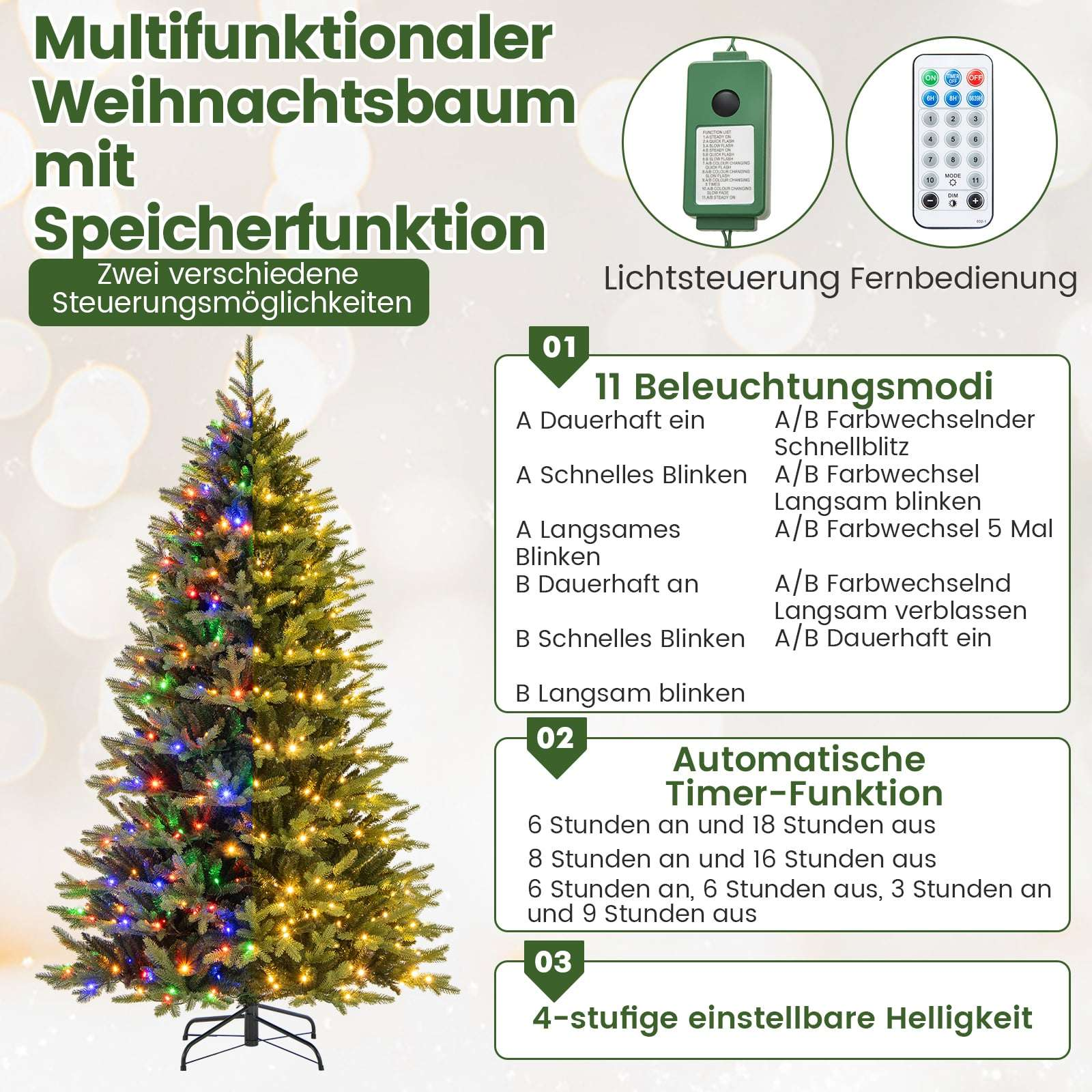 Een kerstboom met kleurrijke verlichting en een afstandsbediening voor lichtfuncties.