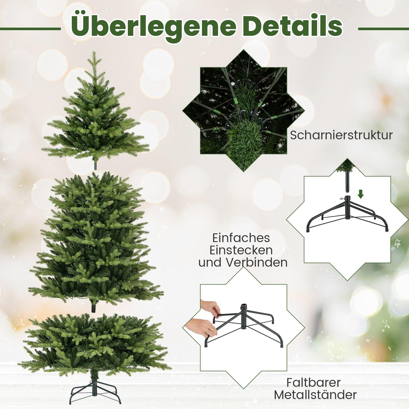 Een kunstkerstboom met drie segmenten en een metalen standaard.
