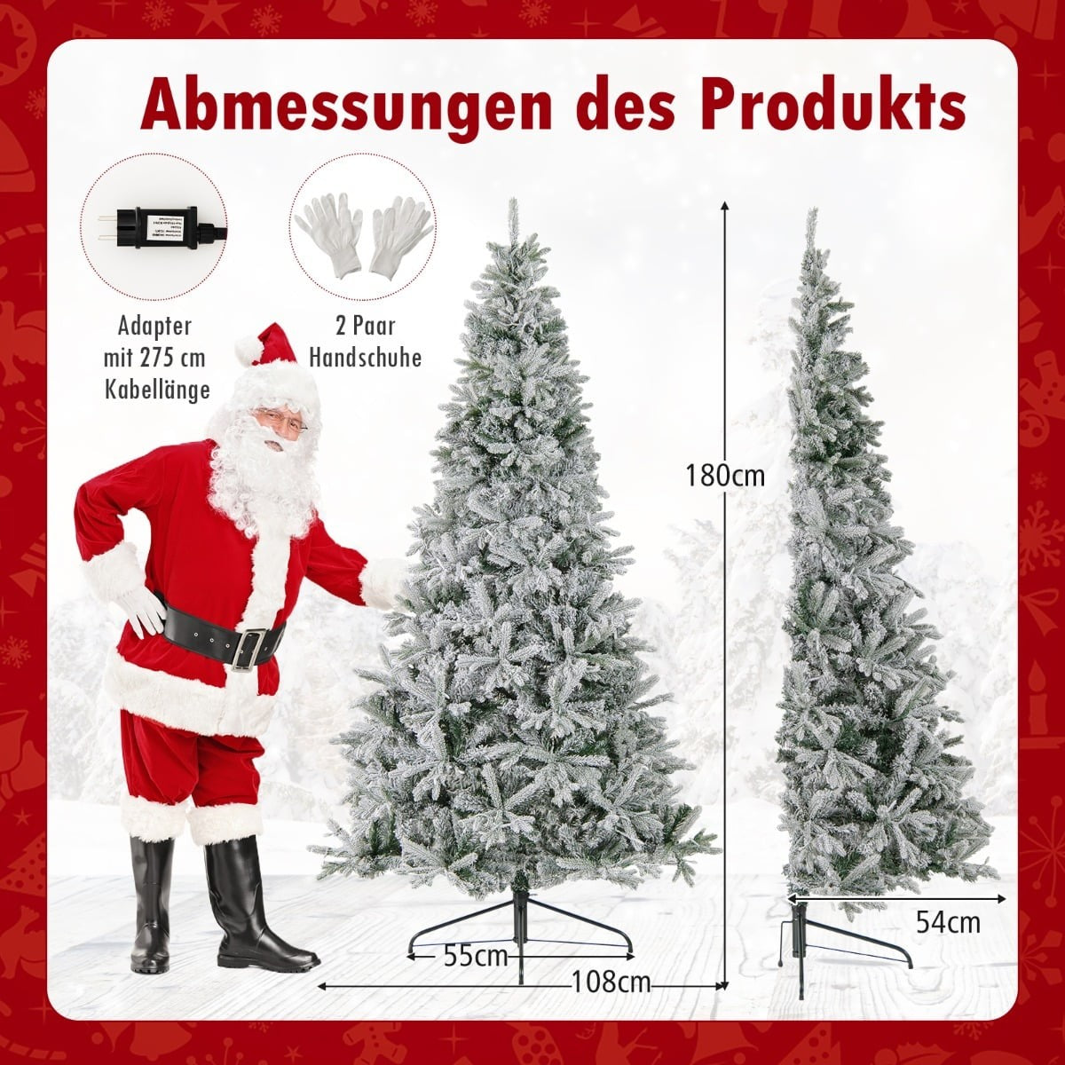 Introductie productafmetingen met Kerstman, boom en accessoires.