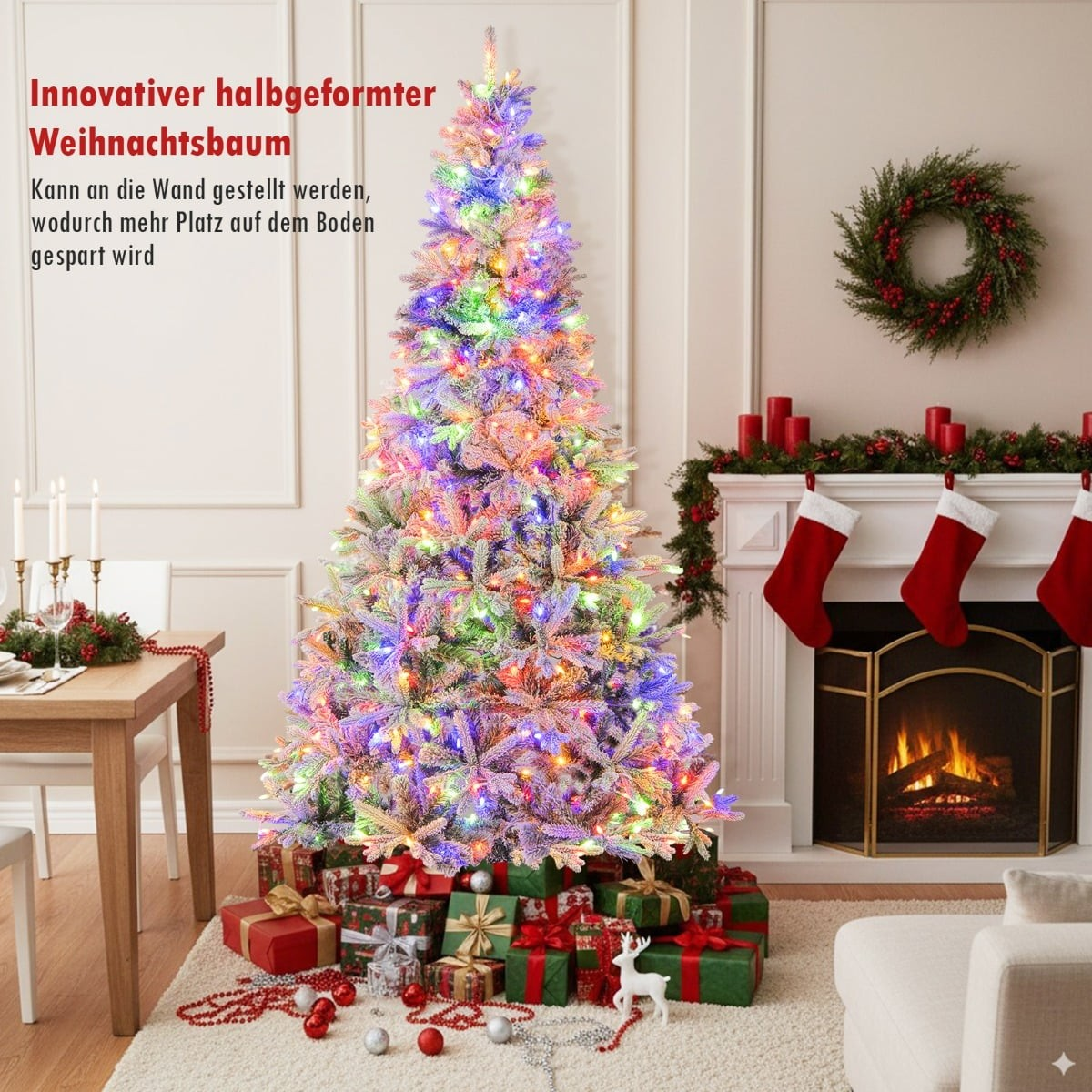 Een halfgevormde kerstboom met kleurrijke lampjes en cadeaus.