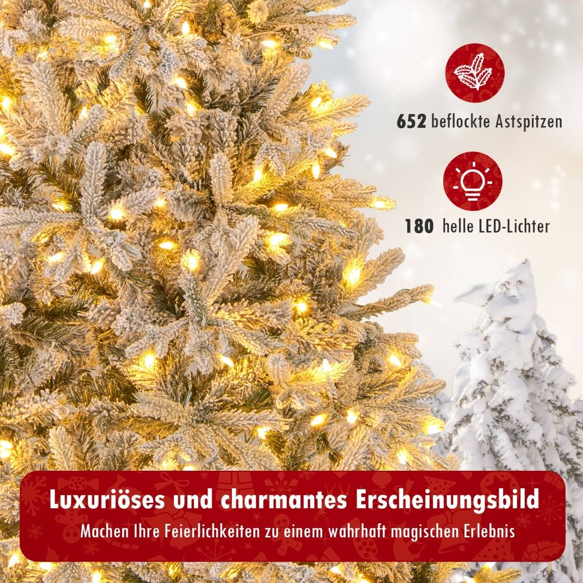 Besneeuwde kerstboom met 180 warmwitte LED-lampjes en 652 takpunten.