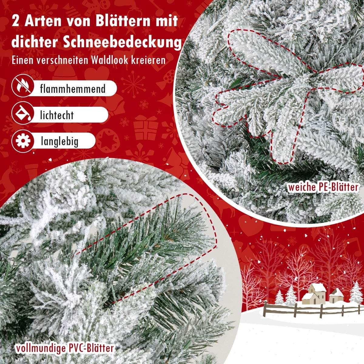 Besneeuwde kunstkerstboomtakken met PVC en PE naalden.