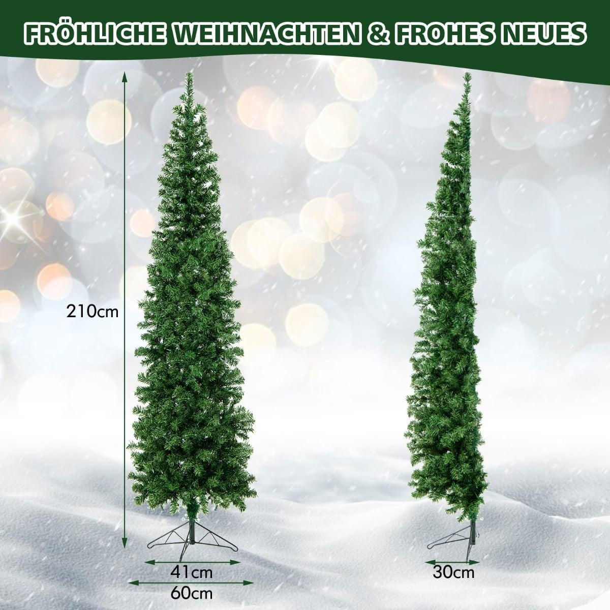 Twee lange, slanke groene kunstkerstbomen op een besneeuwde achtergrond.