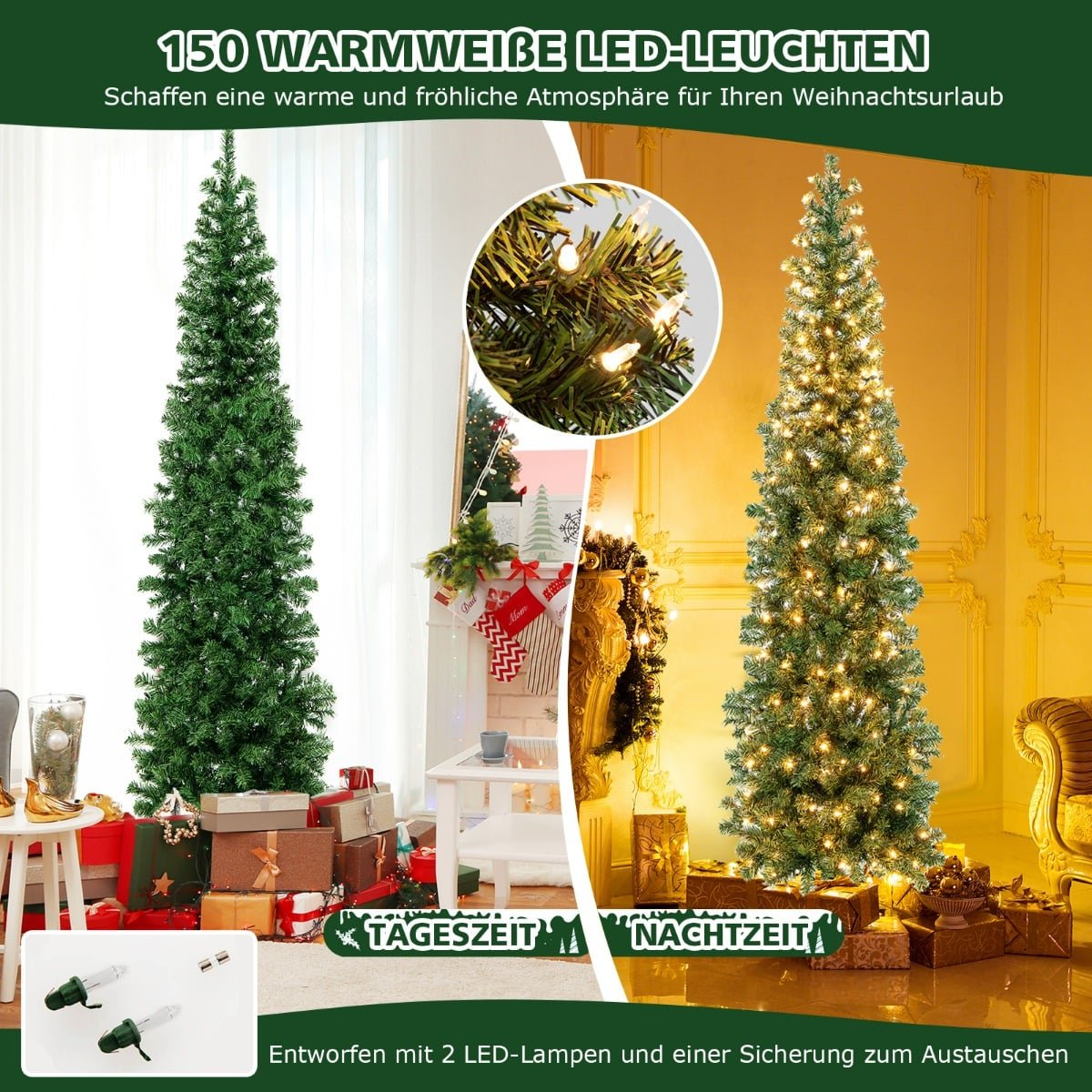 Een groene kerstboom, onverlicht en verlicht met warmwitte LED's.