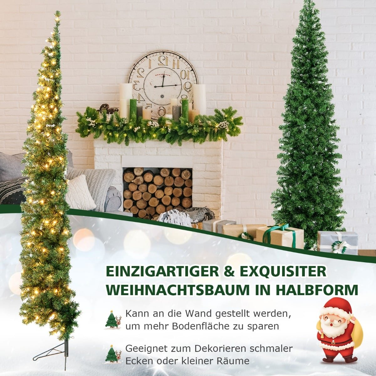 Twee kerstbomen, één verlicht, voor een open haard met klok en cadeaus.