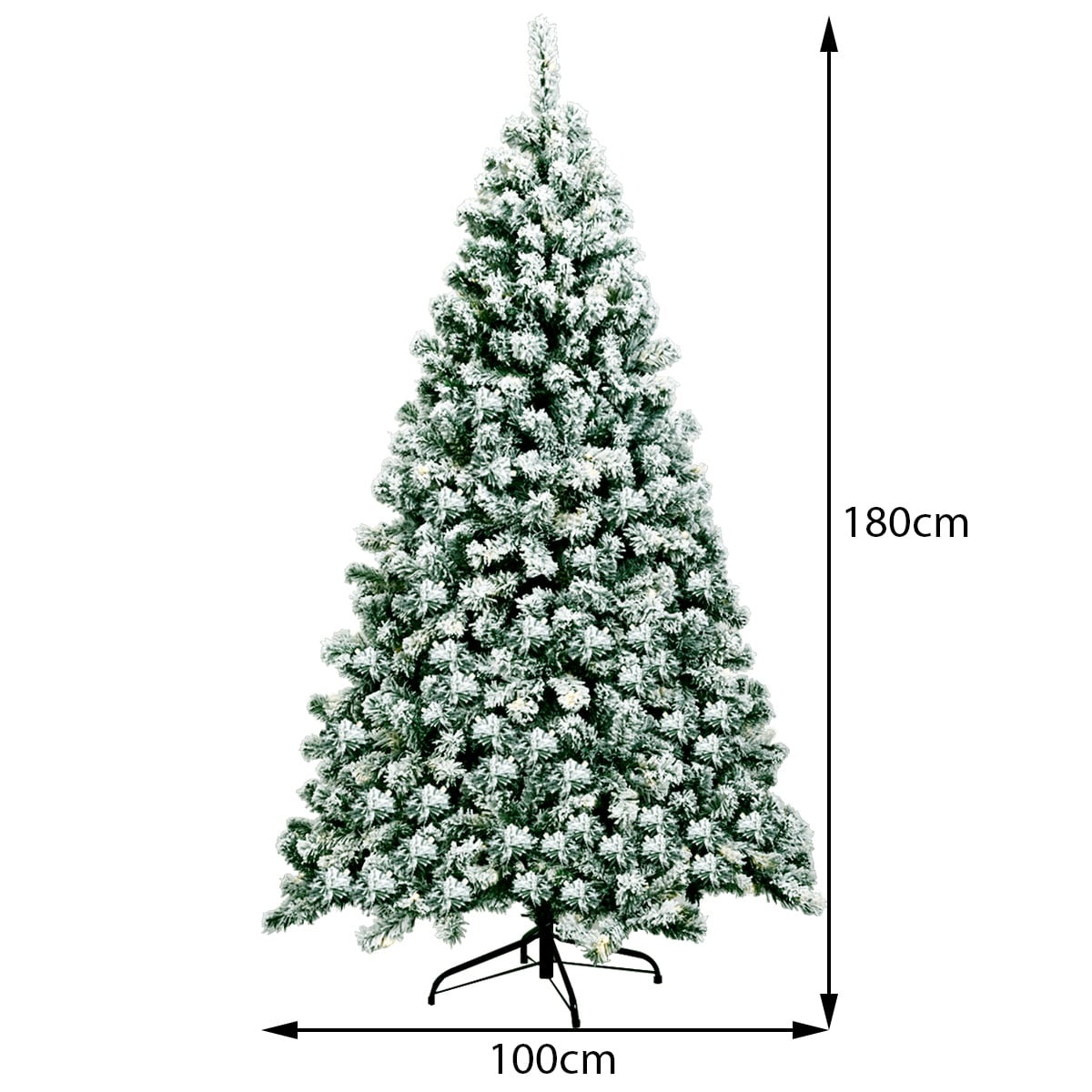 Een 180 cm hoge, 100 cm brede, met sneeuw bedekte kerstboom op een standaard.