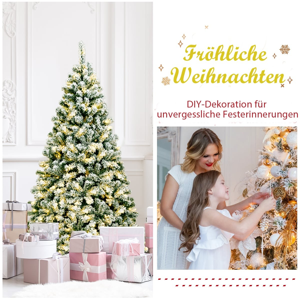 Een versierde kerstboom met cadeaus en een vrouw met kind die een boom versiert.