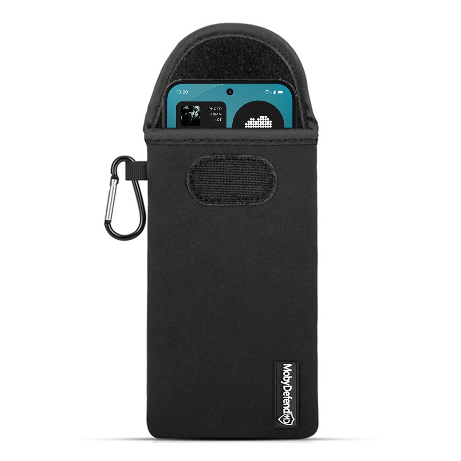 Zwarte telefoonhoes met karabijnhaak en zichtbaar smartphone-scherm.