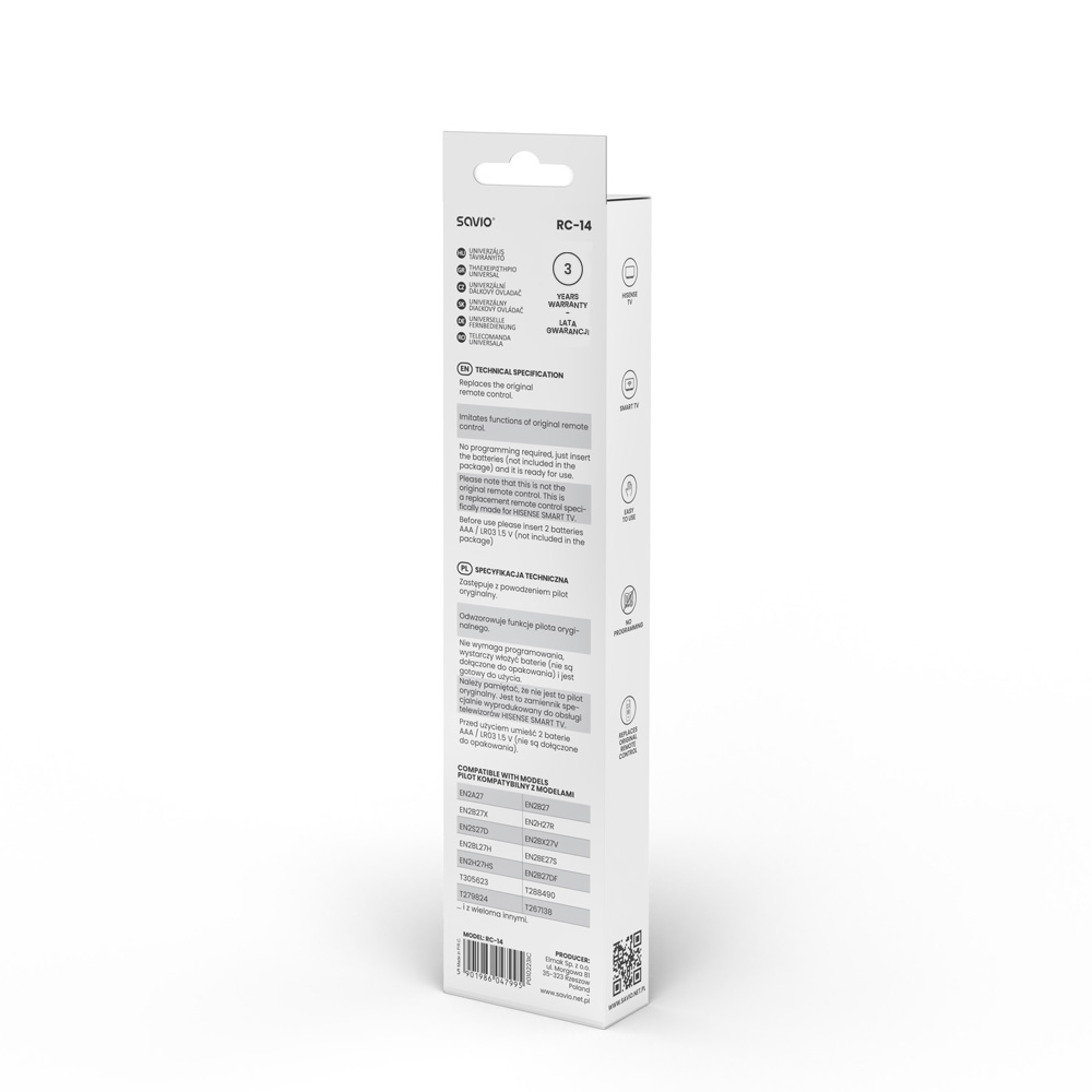 Opakowanie uniwersalnego pilota Savio RC-14 do telewizorów Smart TV Hisense.