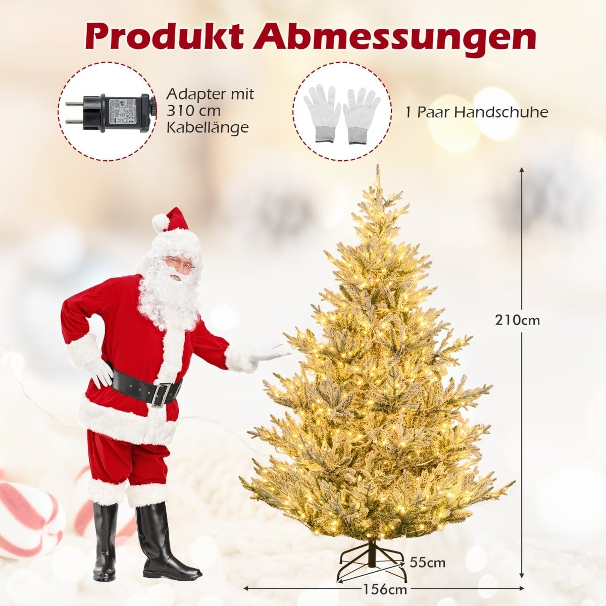 Kerstboom (210cm) met Kerstman, adapter & handschoenen. Afm: 156x55cm.