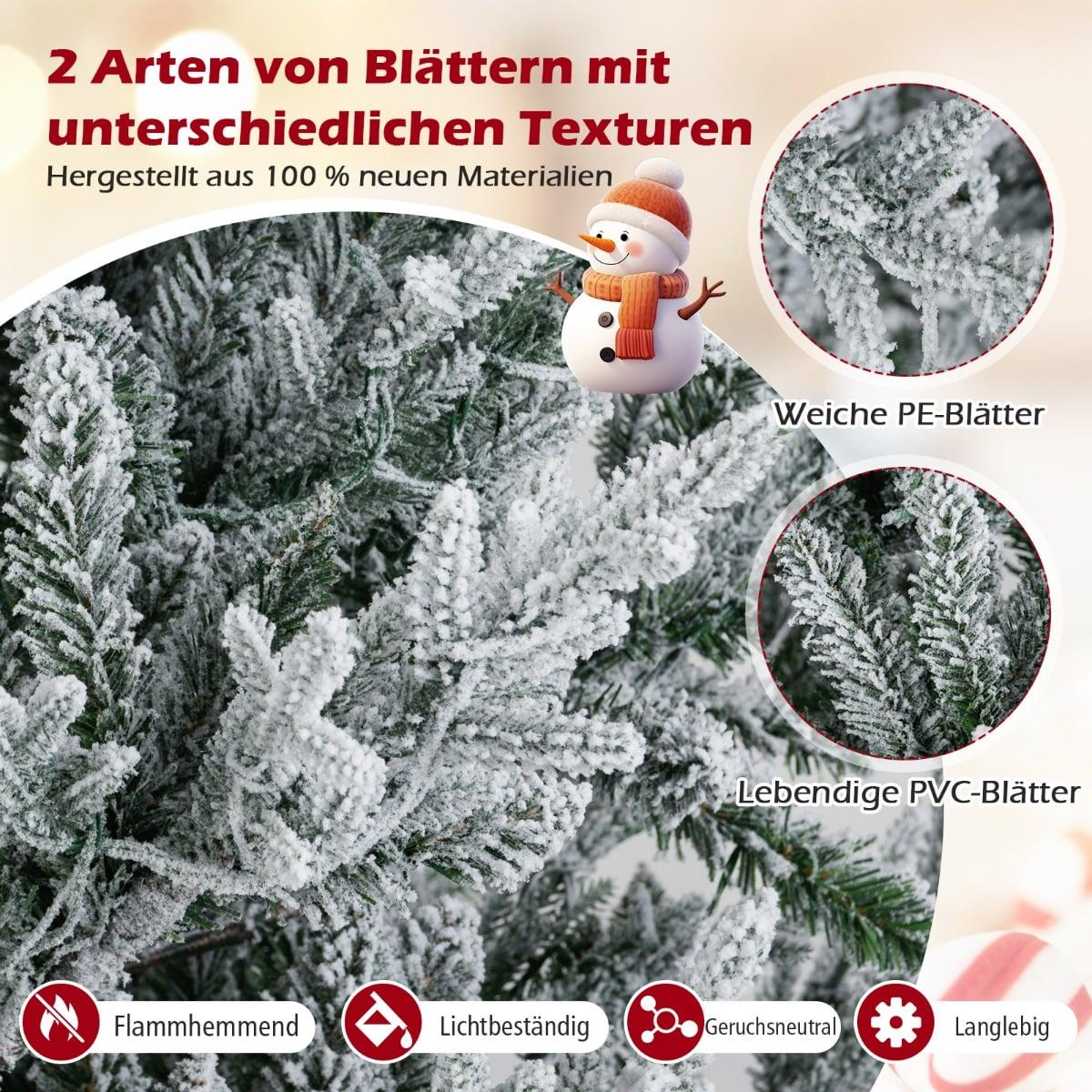 Kerstboom met besneeuwde takken en een sneeuwpop. Toont zachte PE- en levendige PVC-bladeren.