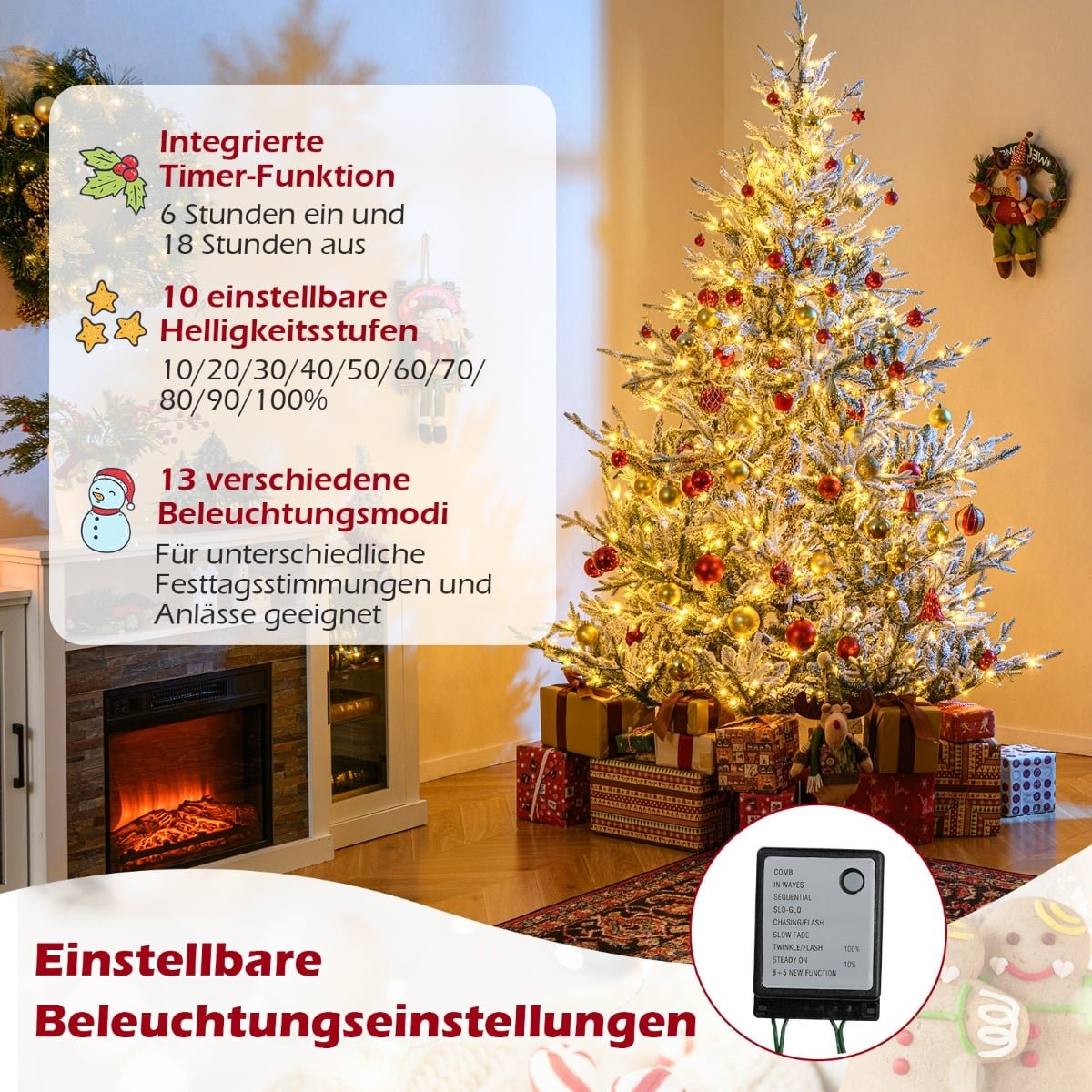 Kerstboom met lampjes, cadeaus en open haard. Timer, helderheid, modi.