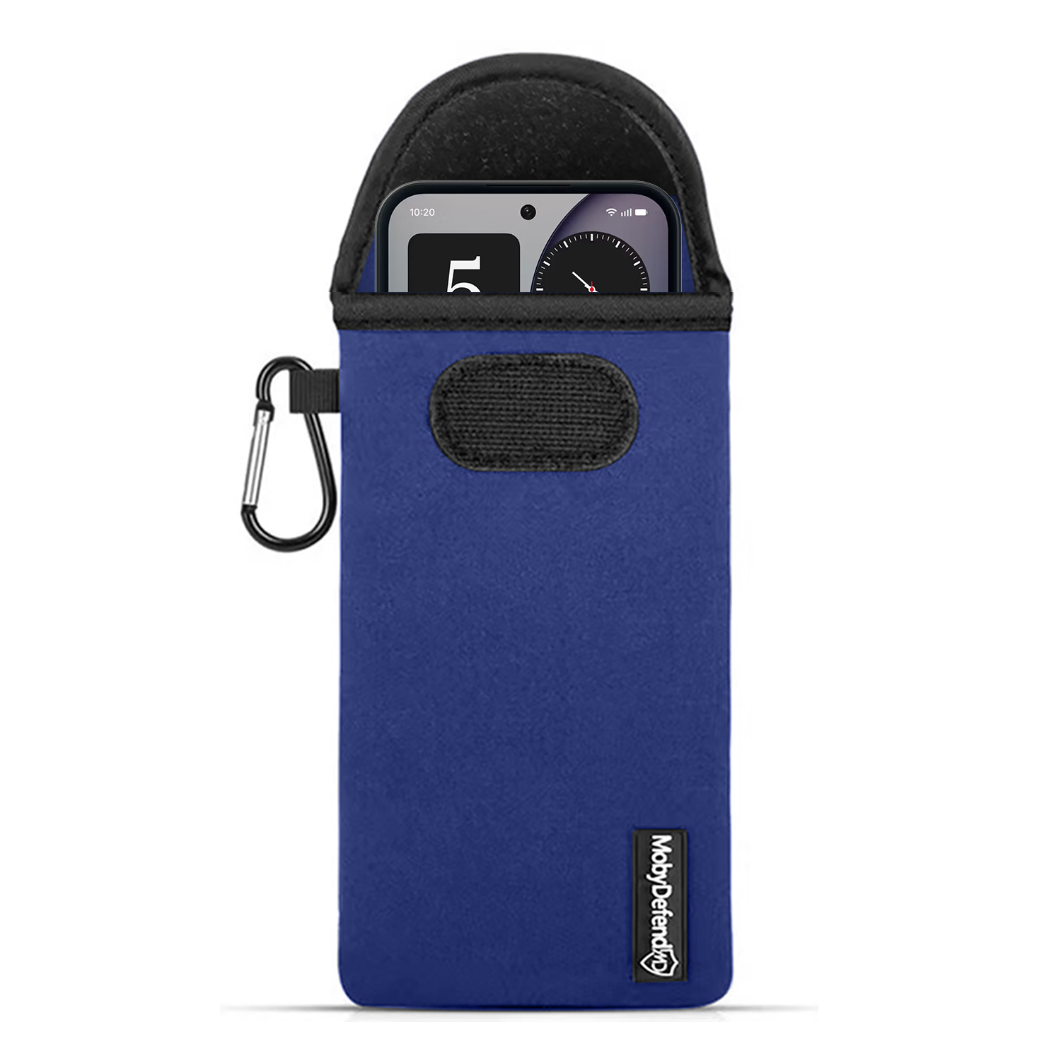 Pochette bleue pour téléphone avec mousqueton et fermeture velcro.
