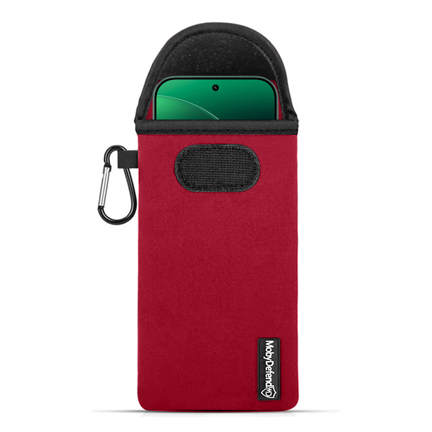 Pochette rouge pour téléphone avec mousqueton et velcro, haut du téléphone visible.
