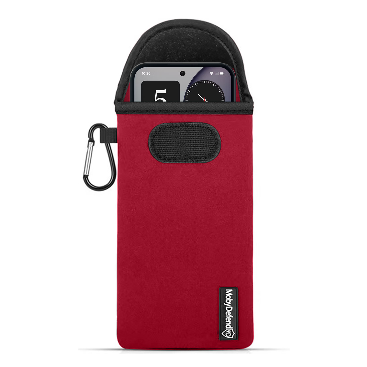 Een rode telefoonhoes met karabijnhaak en een smartphone die eruit steekt.