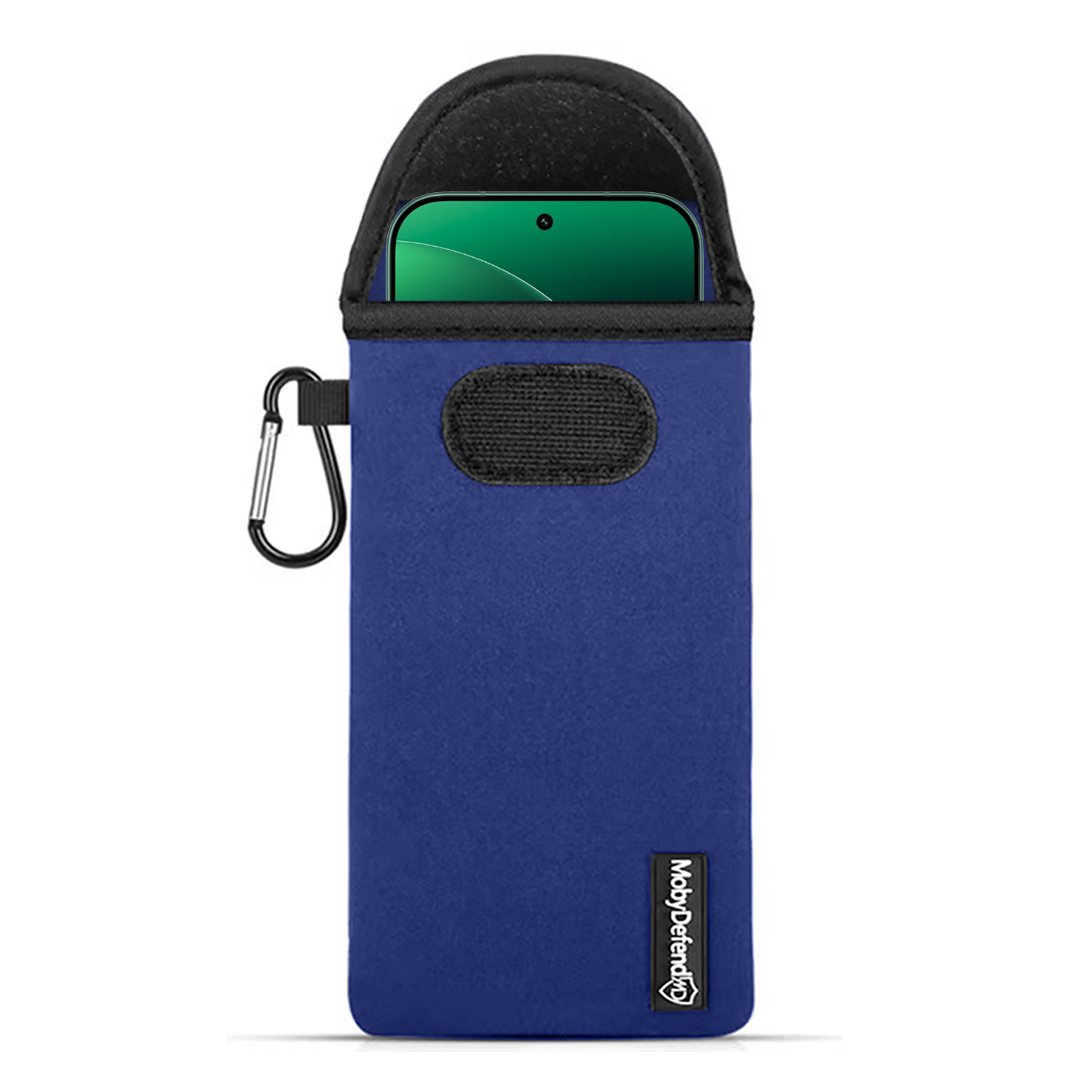 Pochette téléphone bleue avec mousqueton et velcro, smartphone visible.