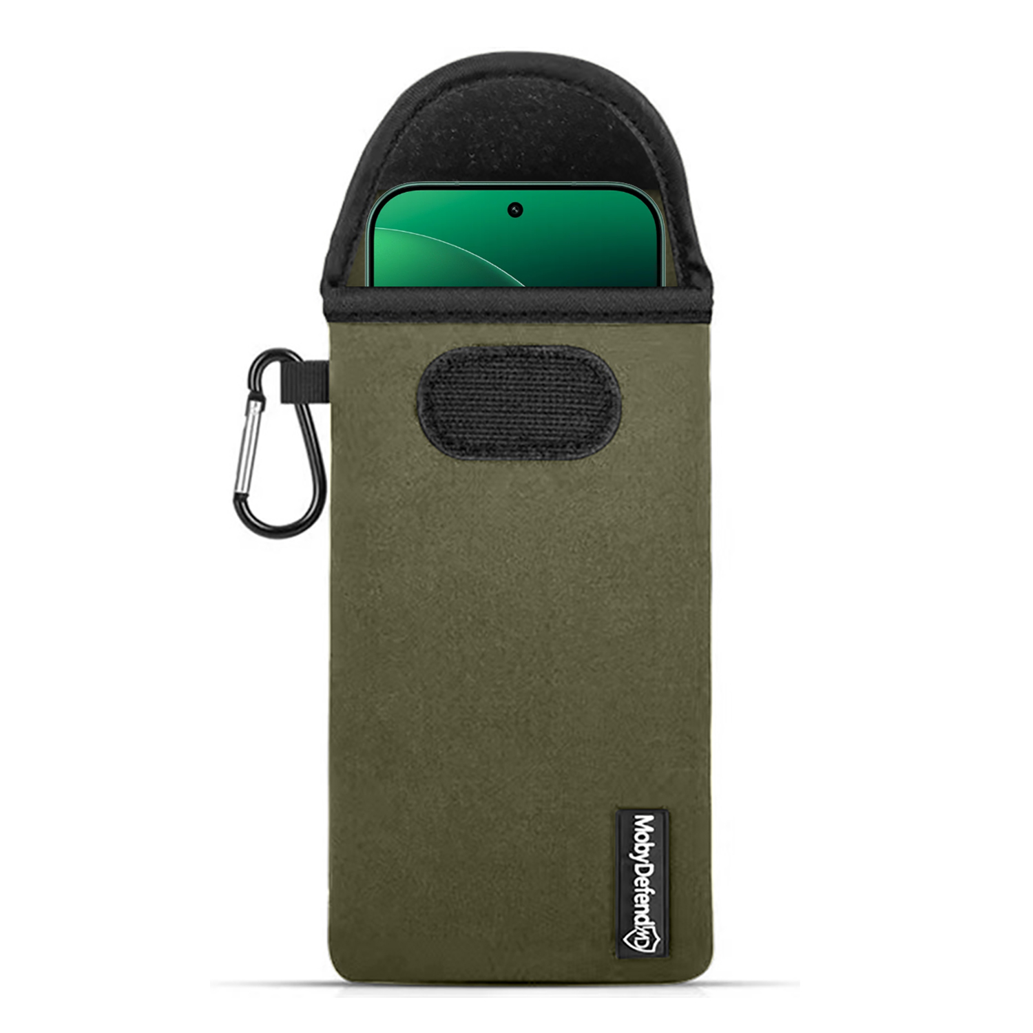 Pochette verte pour téléphone avec mousqueton et bord noir.