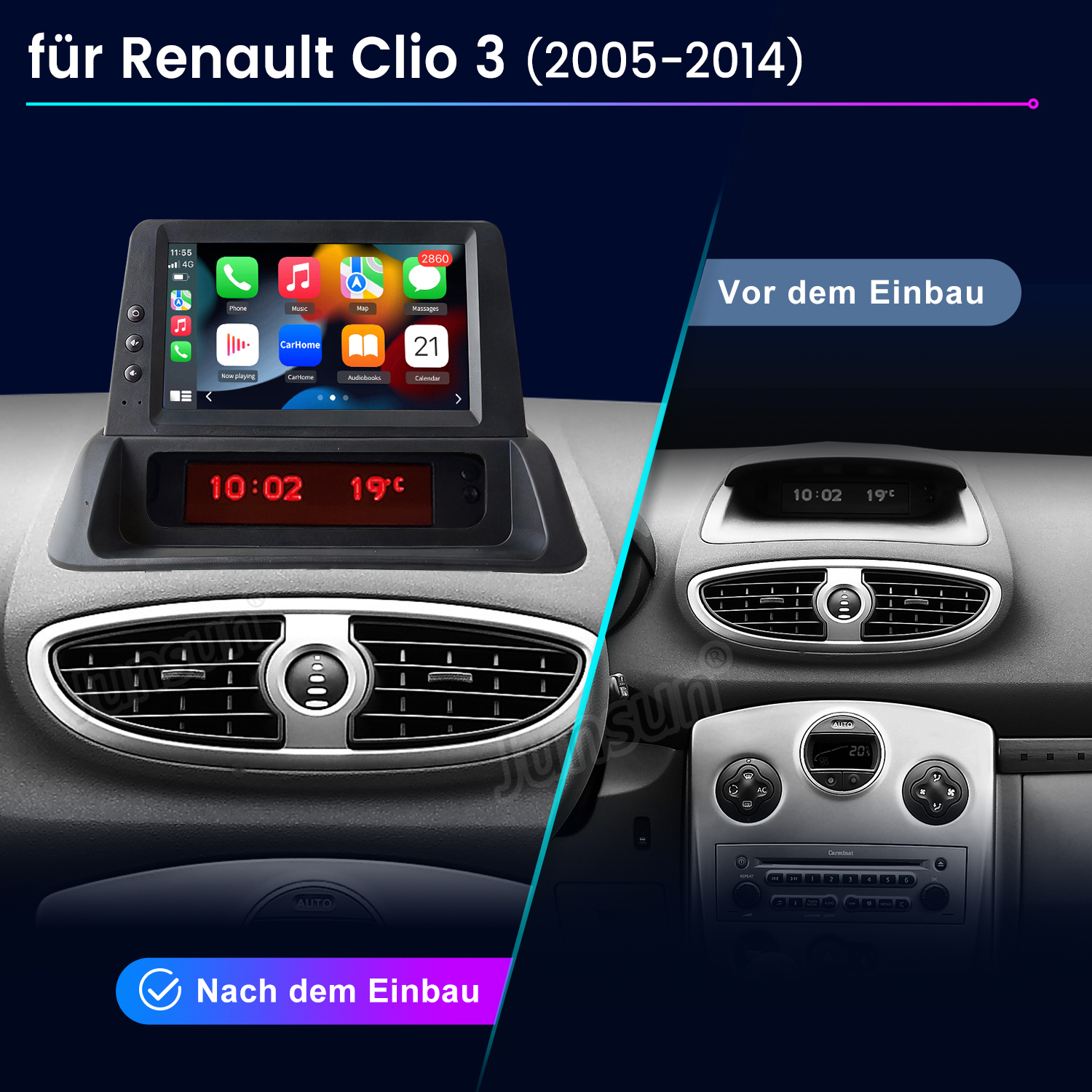 Porównanie radia Renault Clio 3 przed i po zainstalowaniu nowego urządzenia.