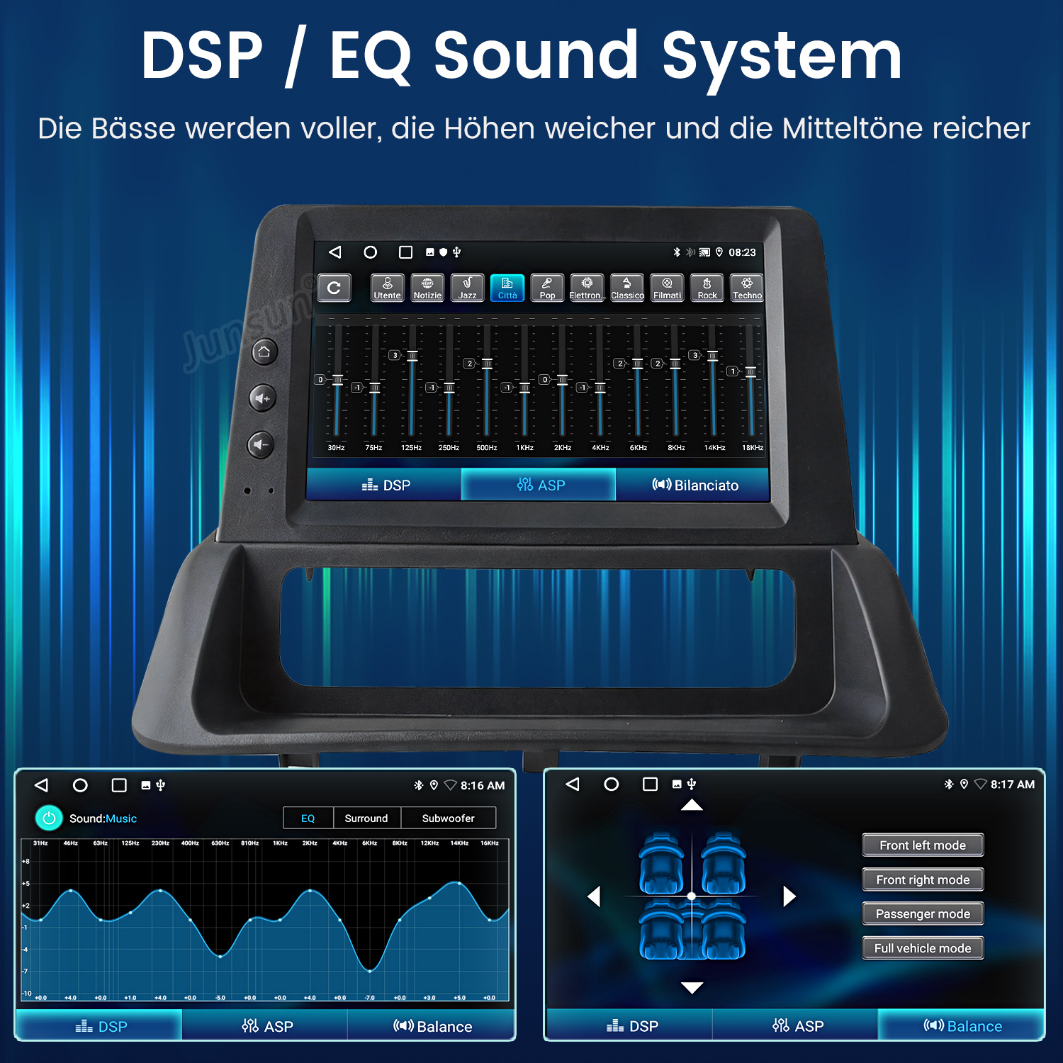 Sistema de infoentretenimiento para coche con DSP/EQ, ecualizador y ajustes de asiento.