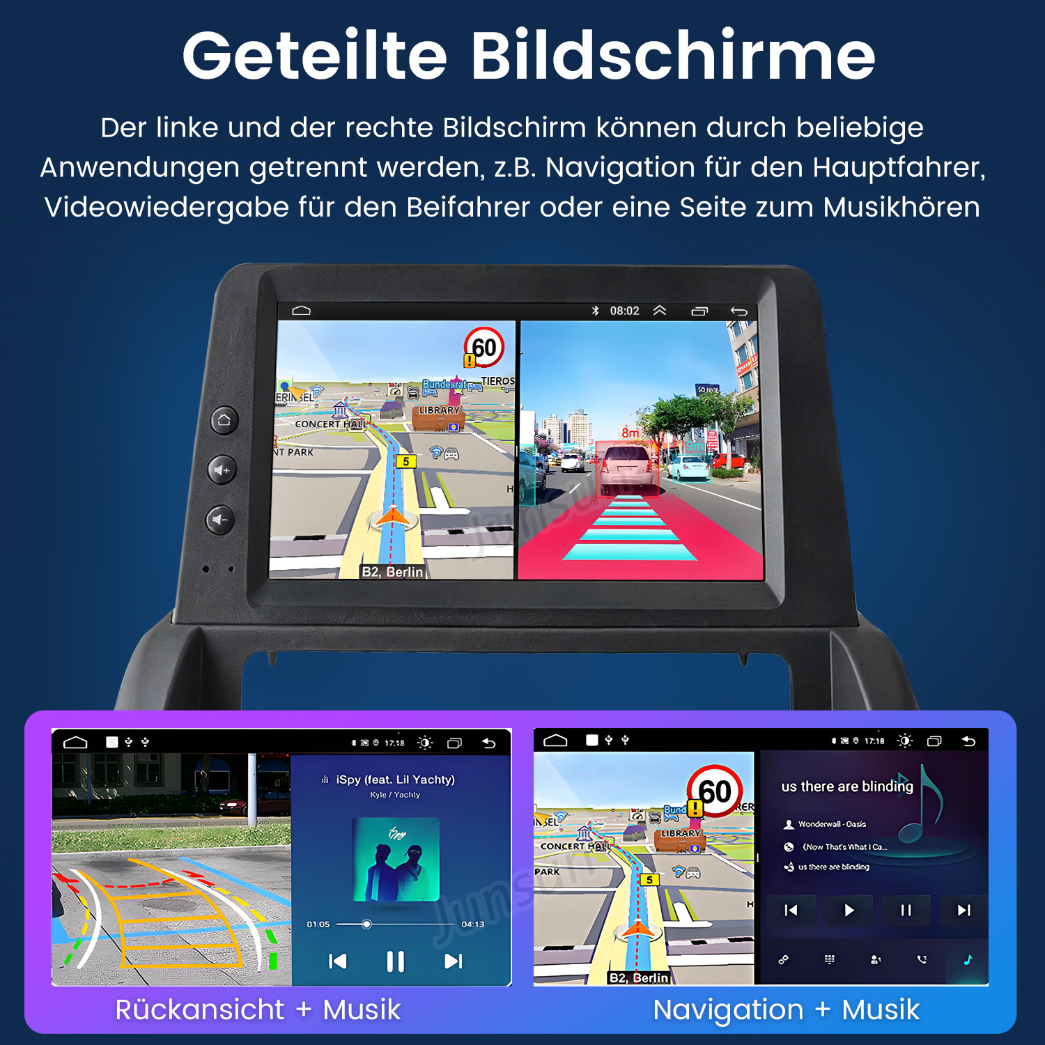 Ein Autoradio-Display zeigt geteilte Ansichten: Navigation, Musik und Rückfahrkamera.