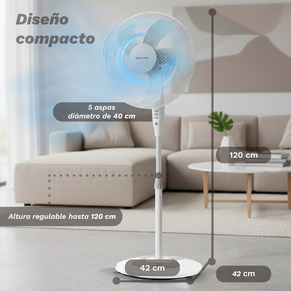 Un ventilador de pie blanco con 5 aspas, 40cm diámetro, altura regulable hasta 120cm.
