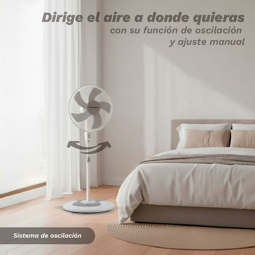Un ventilador de pie blanco está junto a una cama en un dormitorio.