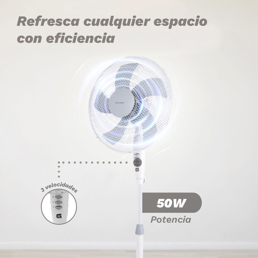 Un ventilador de pie blanco con tres velocidades y 50W.