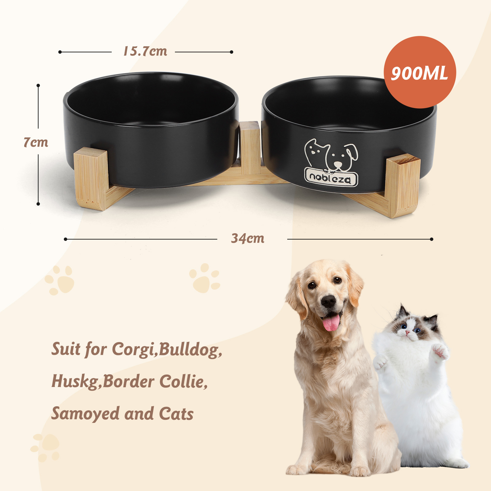 Cuenco doble para mascotas de cerámica negra en soporte de bambú, 900ML.