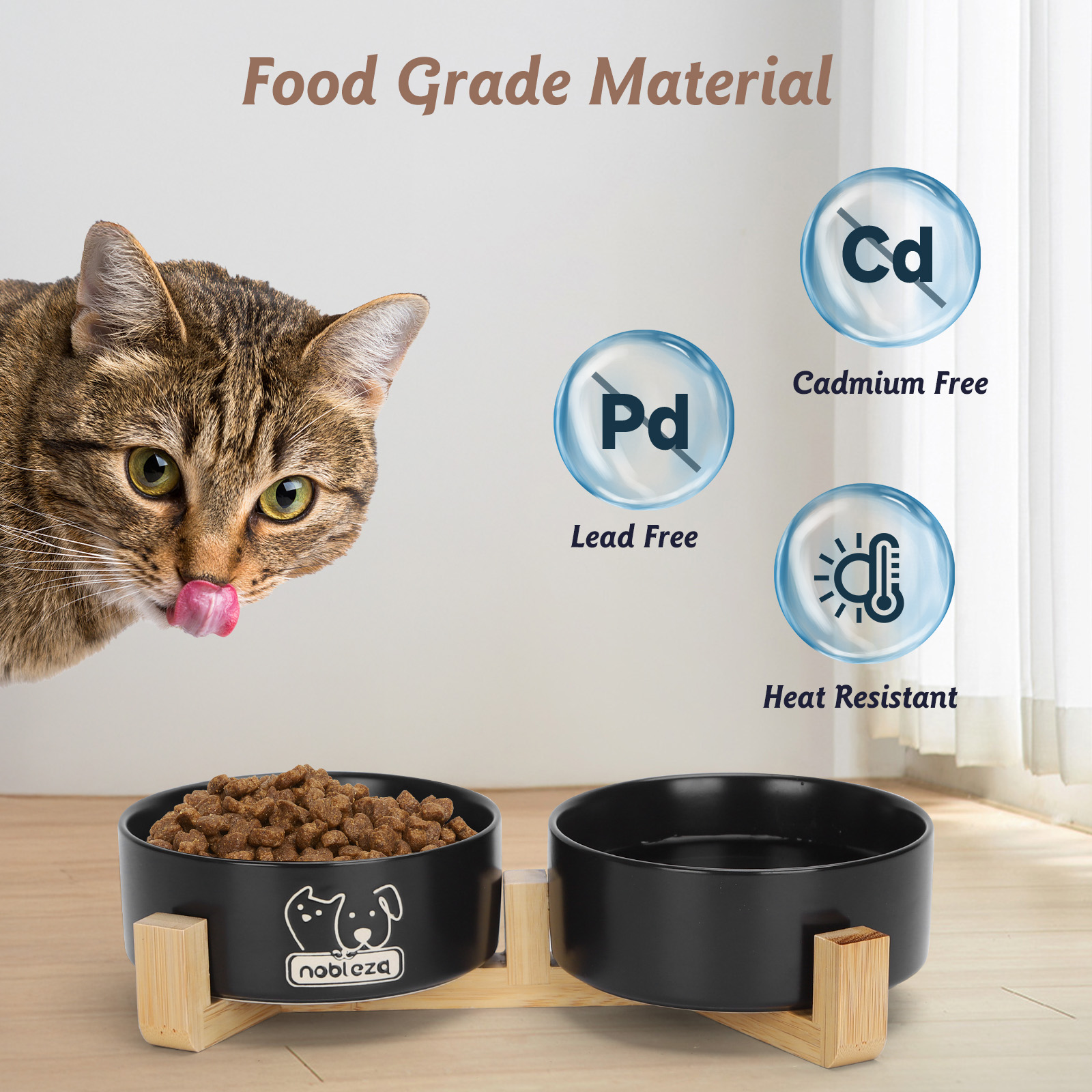 Gato lame su lengua cerca del cuenco de comida. Características: Sin plomo, sin cadmio, resistente.