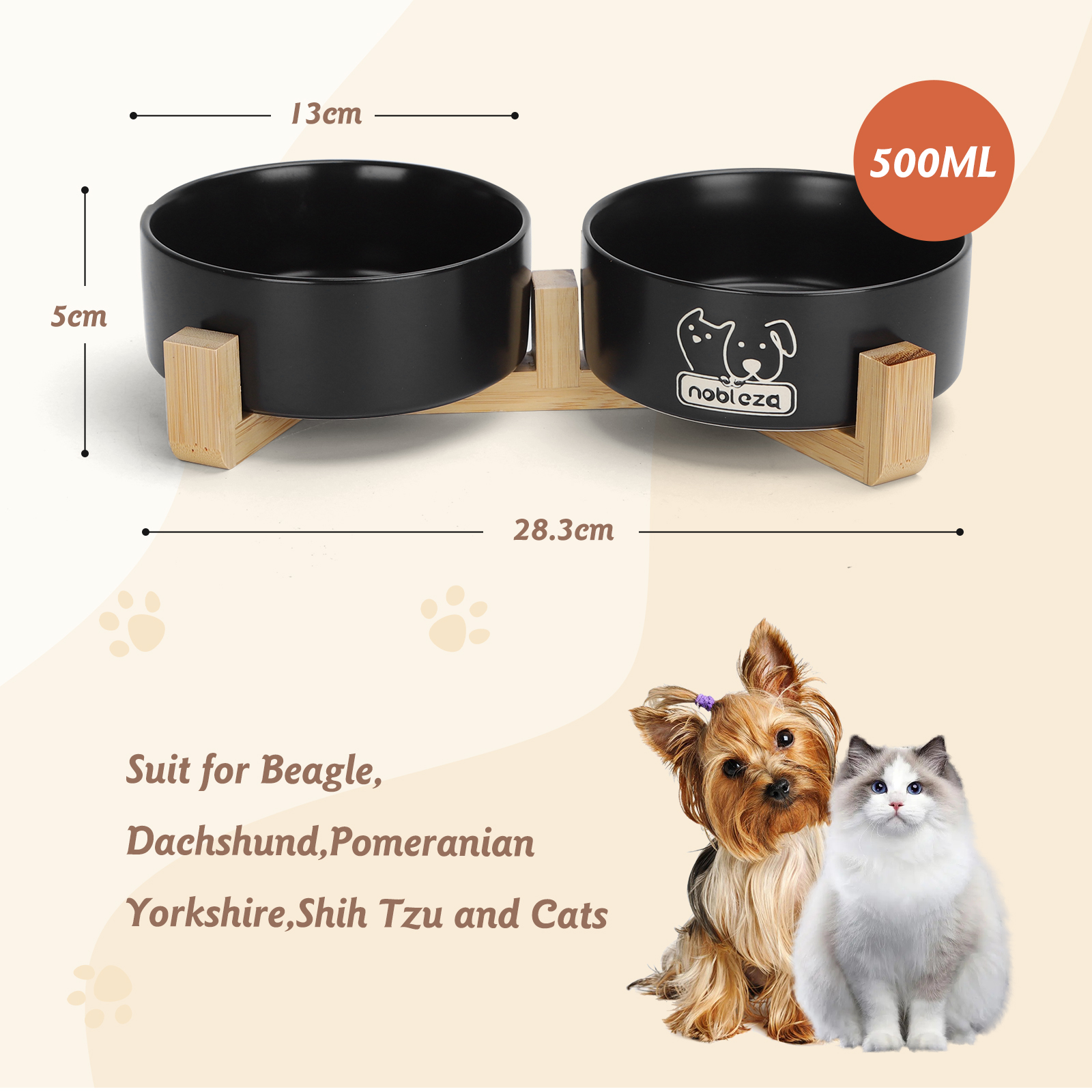 Doble cuenco de cerámica negro sobre soporte de madera, con un Yorkshire Terrier y gato.