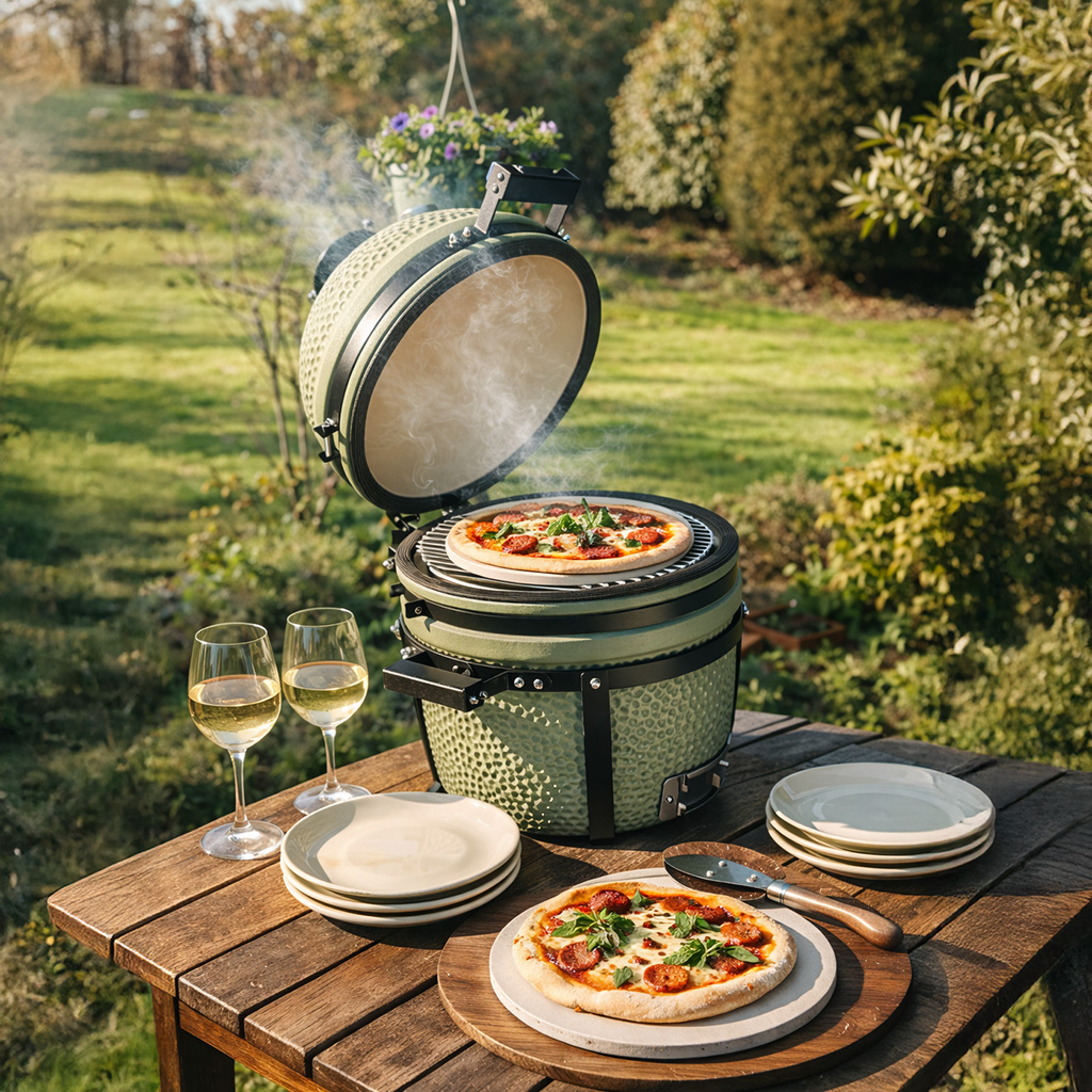 Grüner Grill mit Pizza, Wein und Tellern auf einem Holztisch im Garten.
