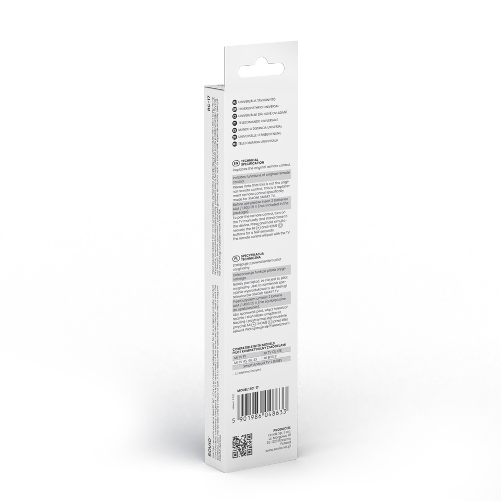 Opakowanie uniwersalnego pilota, model RC-17, z kodami QR.