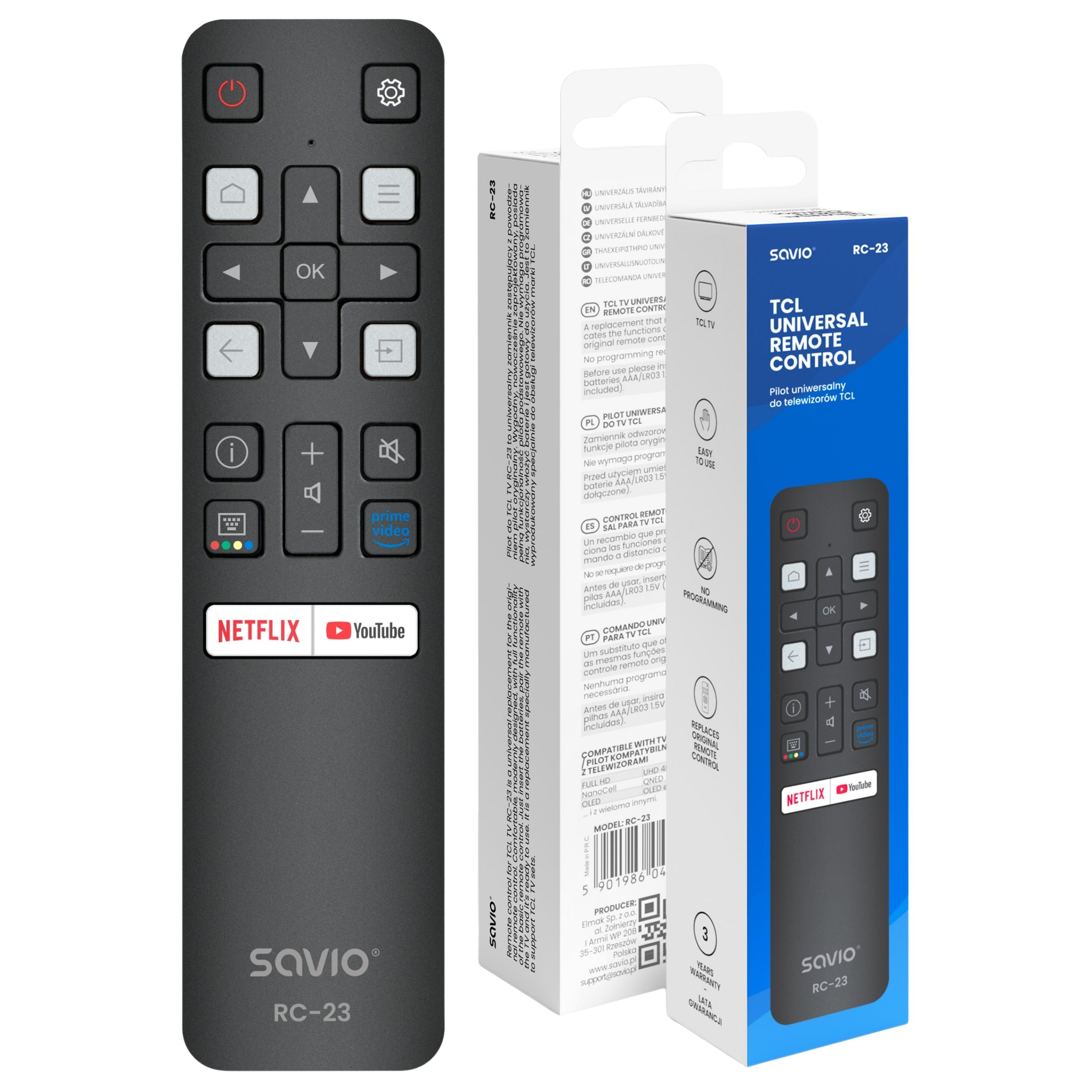 Czarny pilot z przyciskami Netflix i YouTube, obok opakowania.