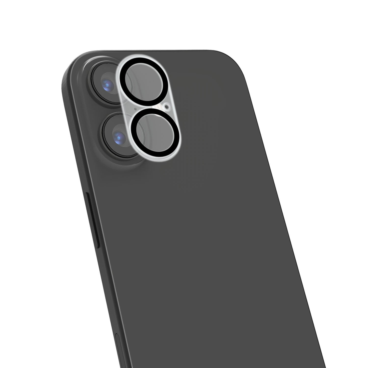 Donkergrijs smartphone met dubbele cameralensbescherming. Close-up.