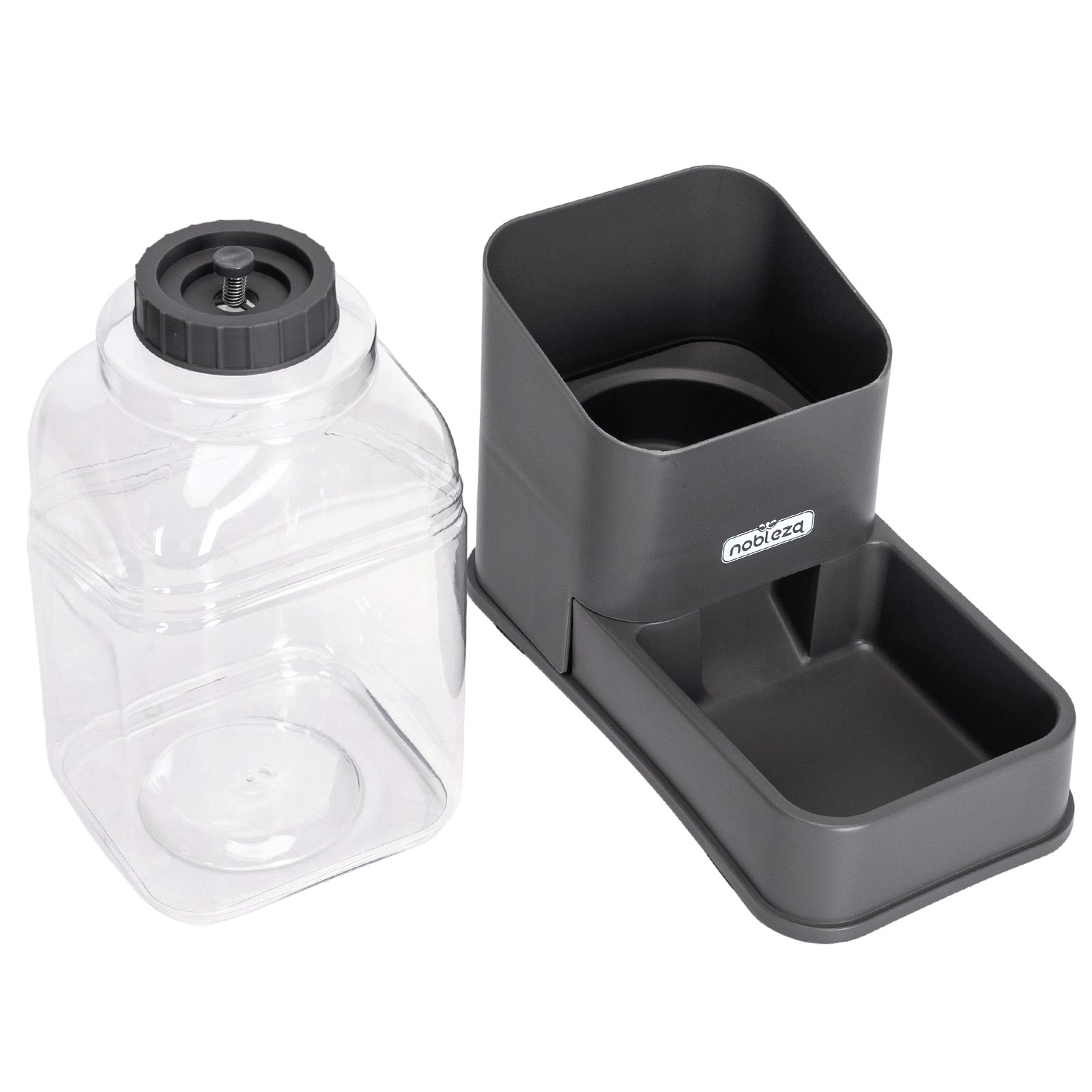 Un recipiente transparente junto a un comedero gris para mascotas con cuenco.