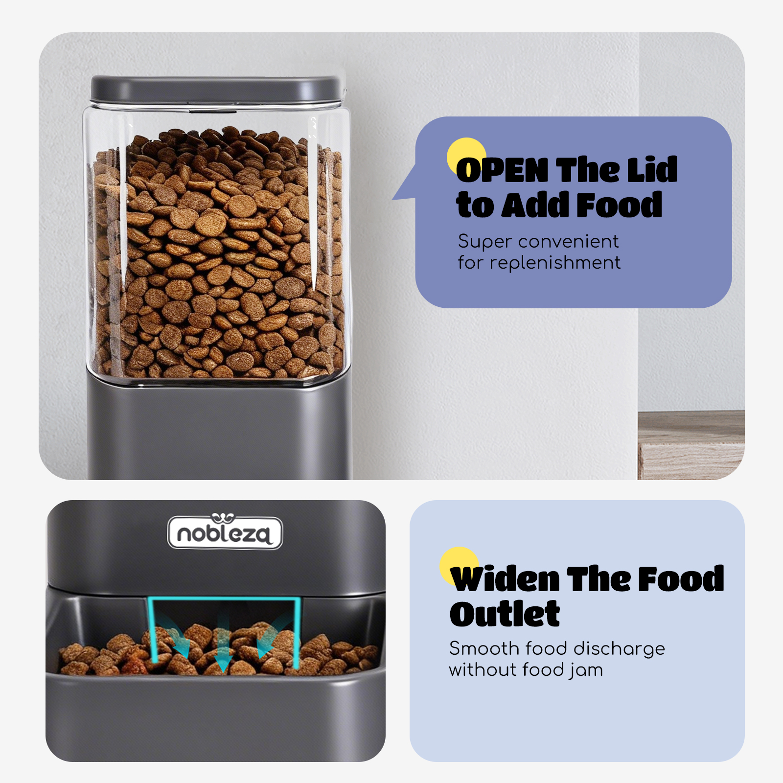Un recipiente transparente con comida para mascotas y cuadros de texto sobre tapa y salida.