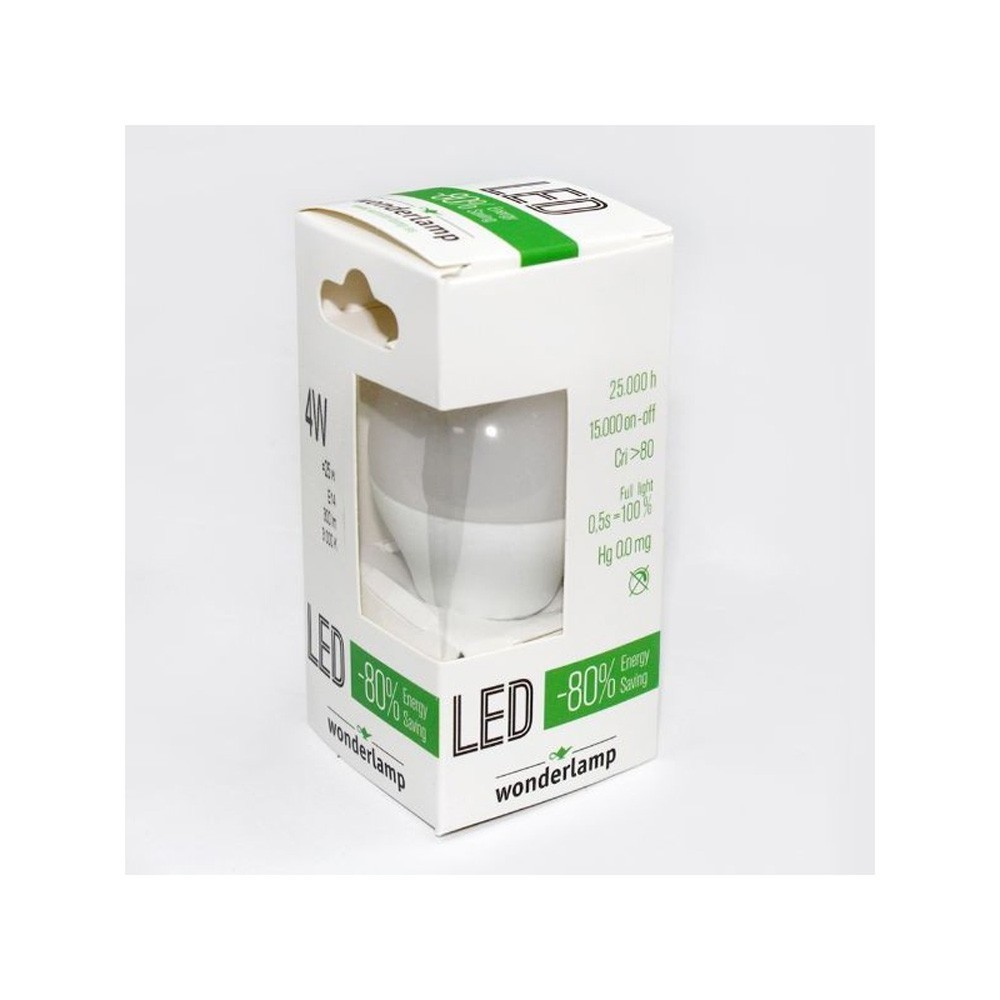 Bombilla LED blanca en embalaje con texto LED 80% de ahorro energético.