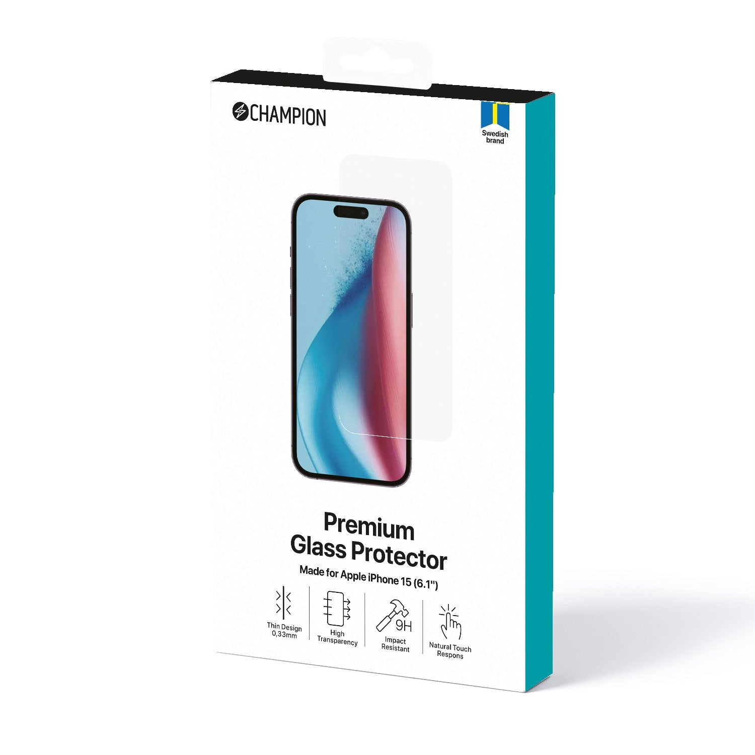 Verpakking screenprotector: Champion, voor iPhone 15, dun, transparant, impactbestendig.