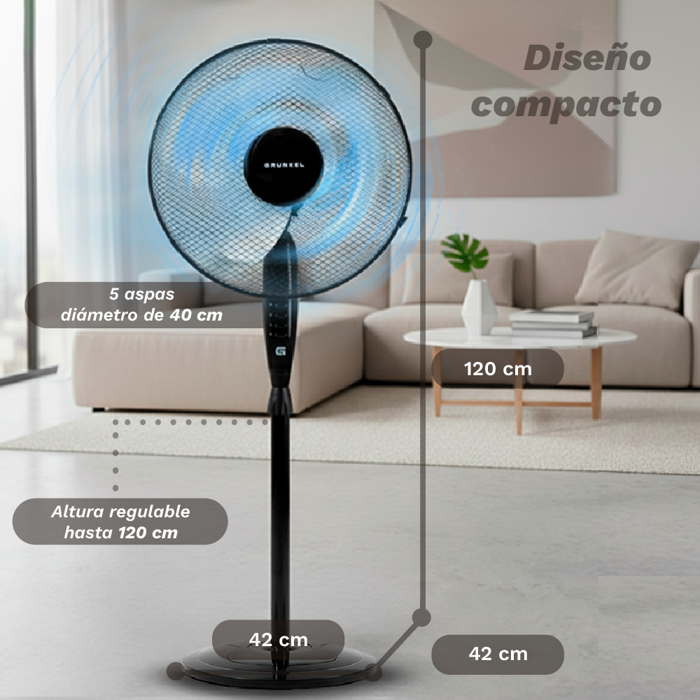 Un ventilador de pie negro con 5 aspas, 40 cm de diámetro y hasta 120 cm de altura.
