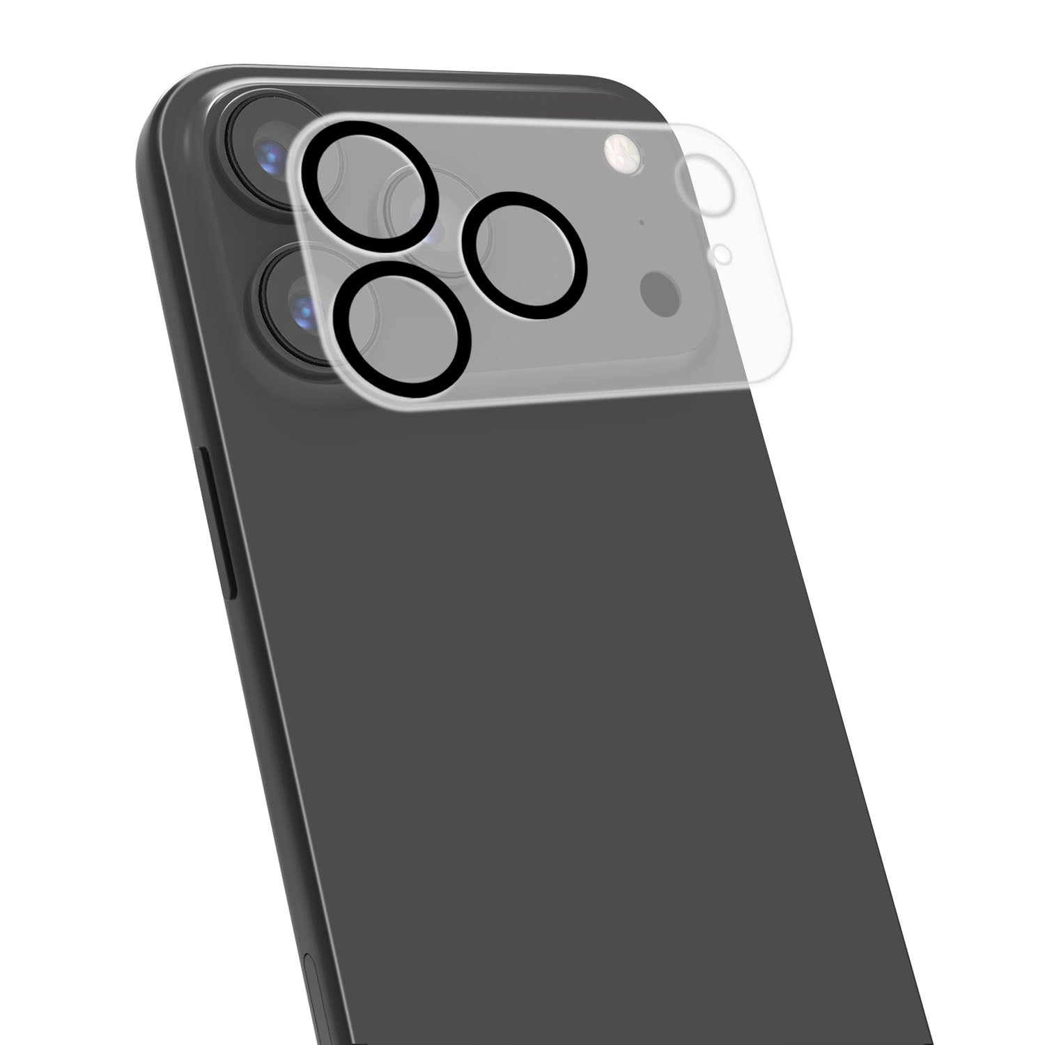 Beschermfolie voor de cameralens van een donkere smartphone.