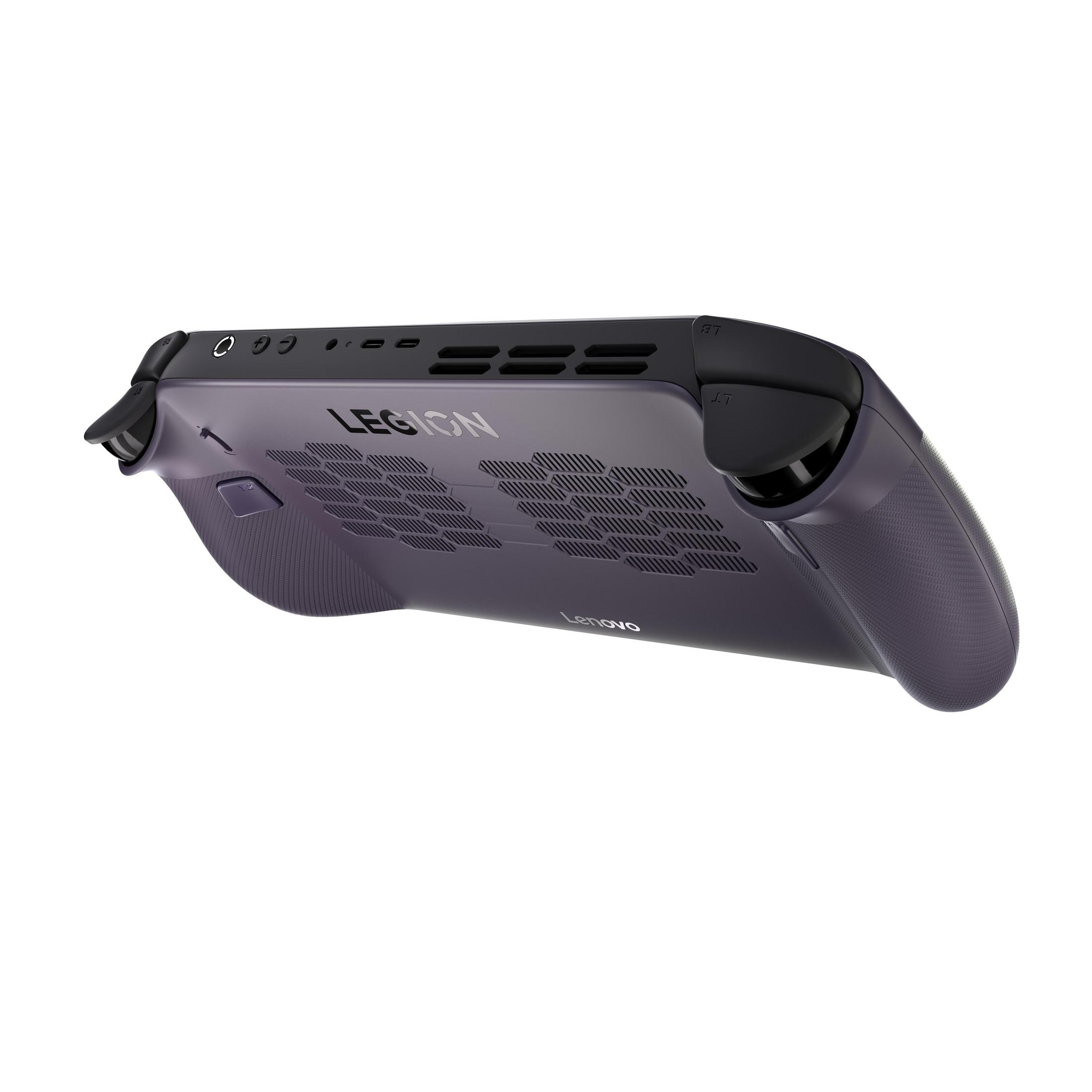 Ein violetter Handheld-Gaming-PC mit Lüftungsschlitzen und "LEGION"-Logo.