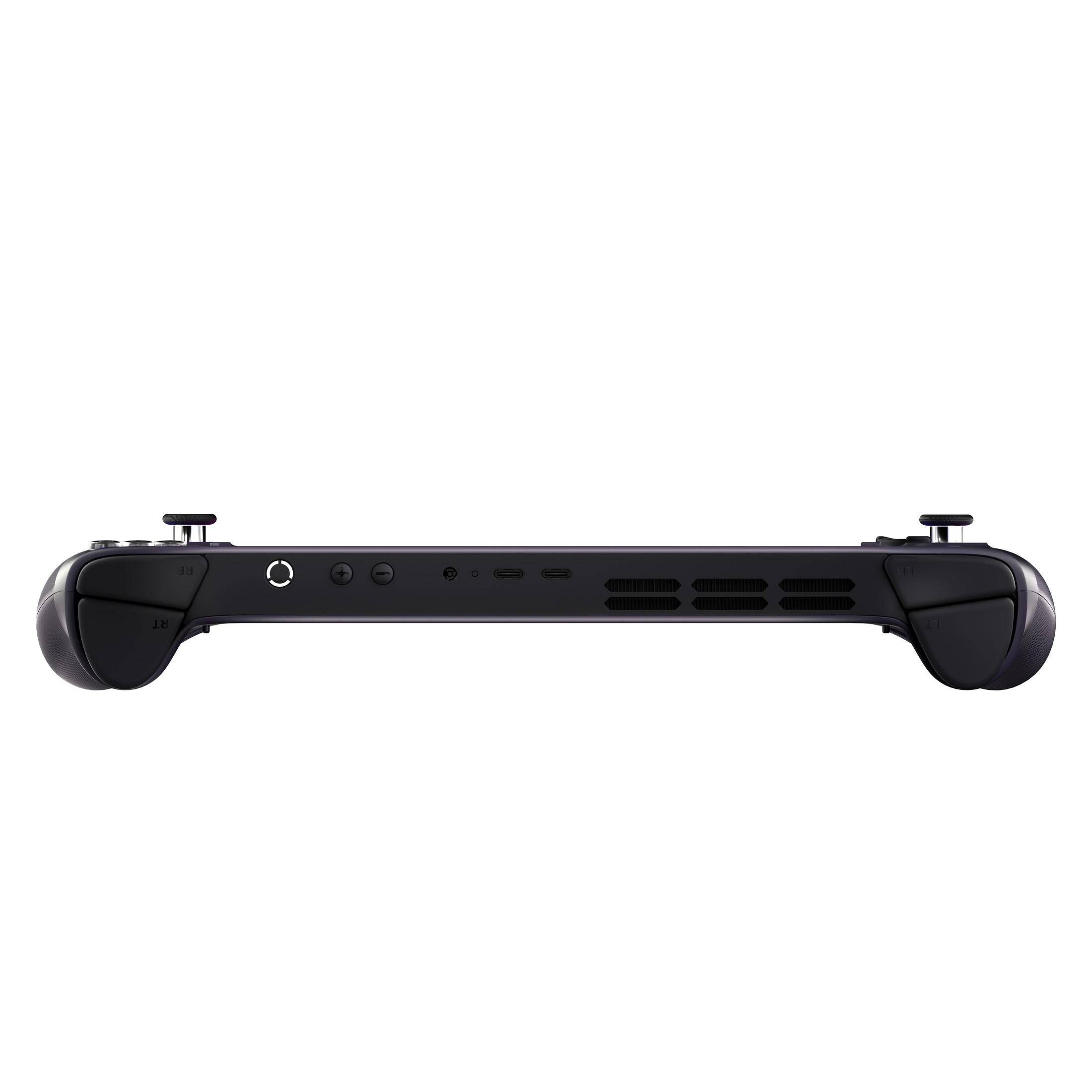 Dunkelgraues Handheld mit Joysticks, Tasten und Anschlüssen.