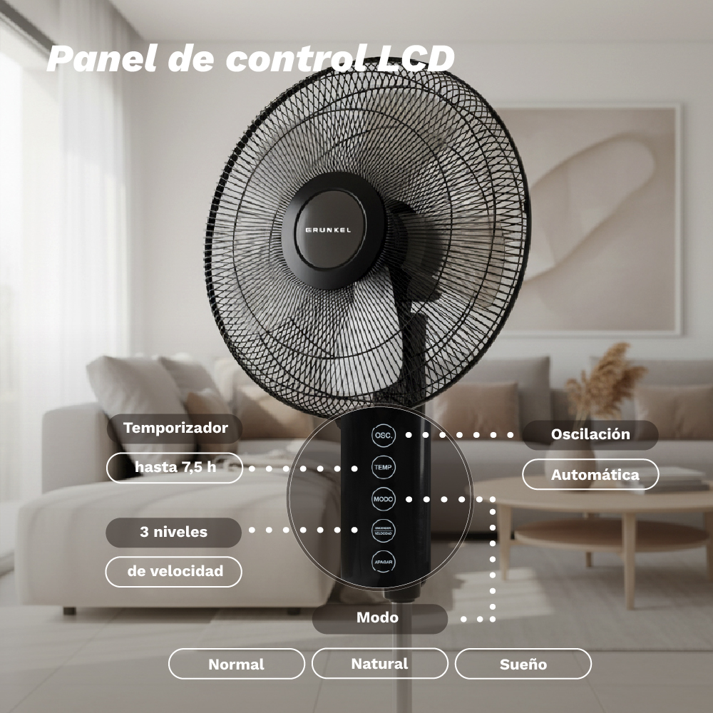 Un ventilador de pie negro con panel de control LCD y varios modos.