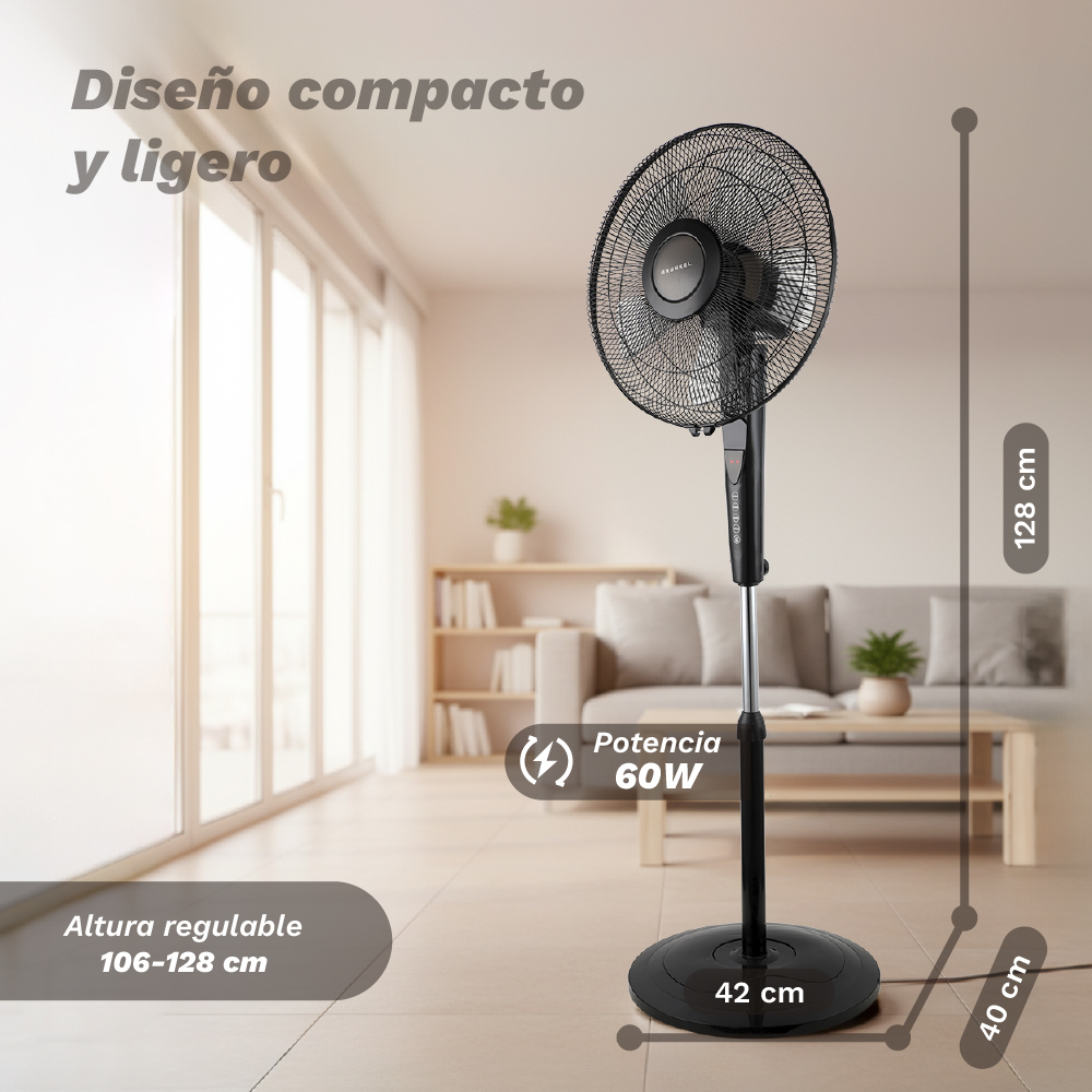 Un ventilador de pie negro de 60W en una sala de estar.