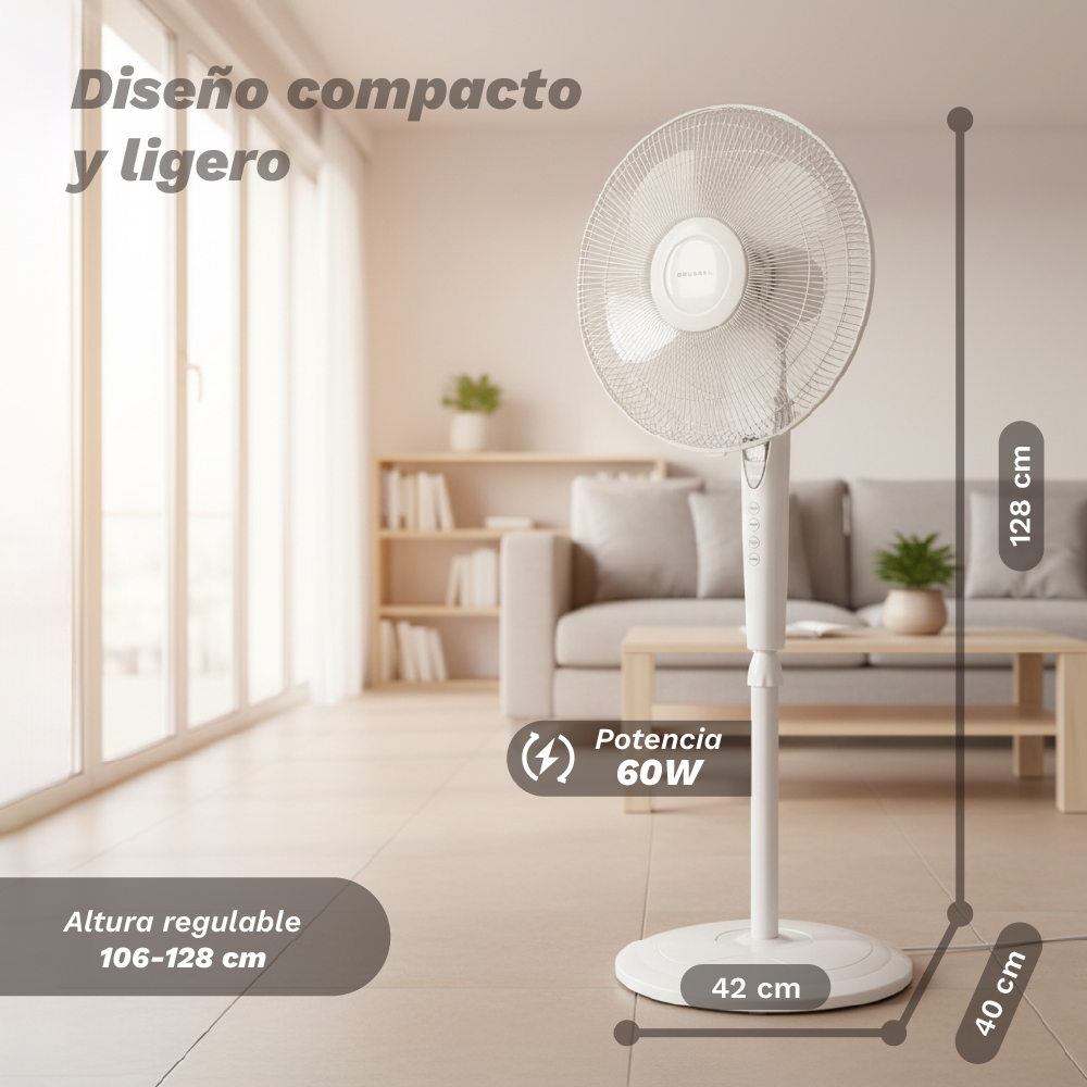Un ventilador de pie blanco, 128x42x40 cm, 60W, en una sala de estar.