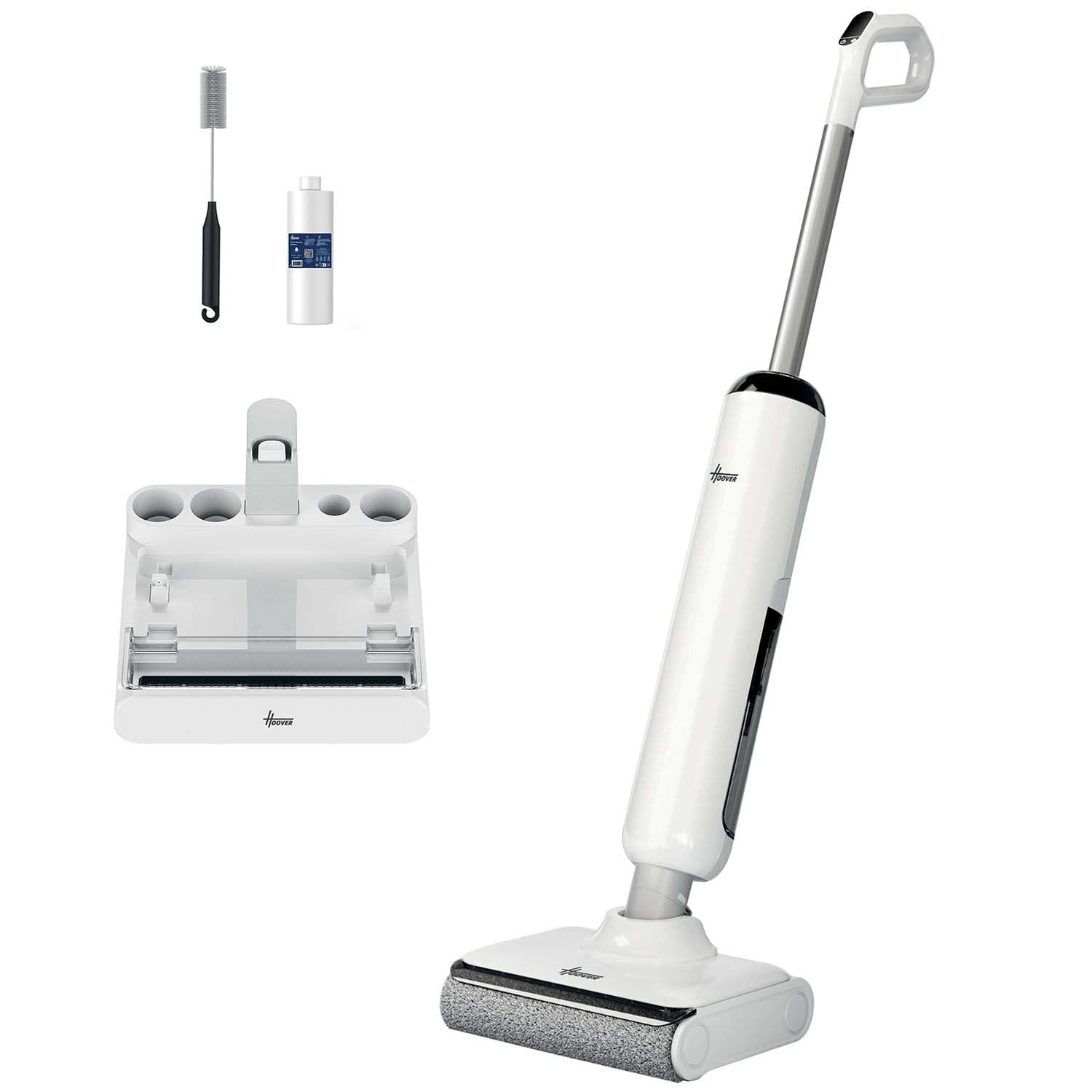 A white wet dry mop with accessories: brush, bottle, and charging dock.