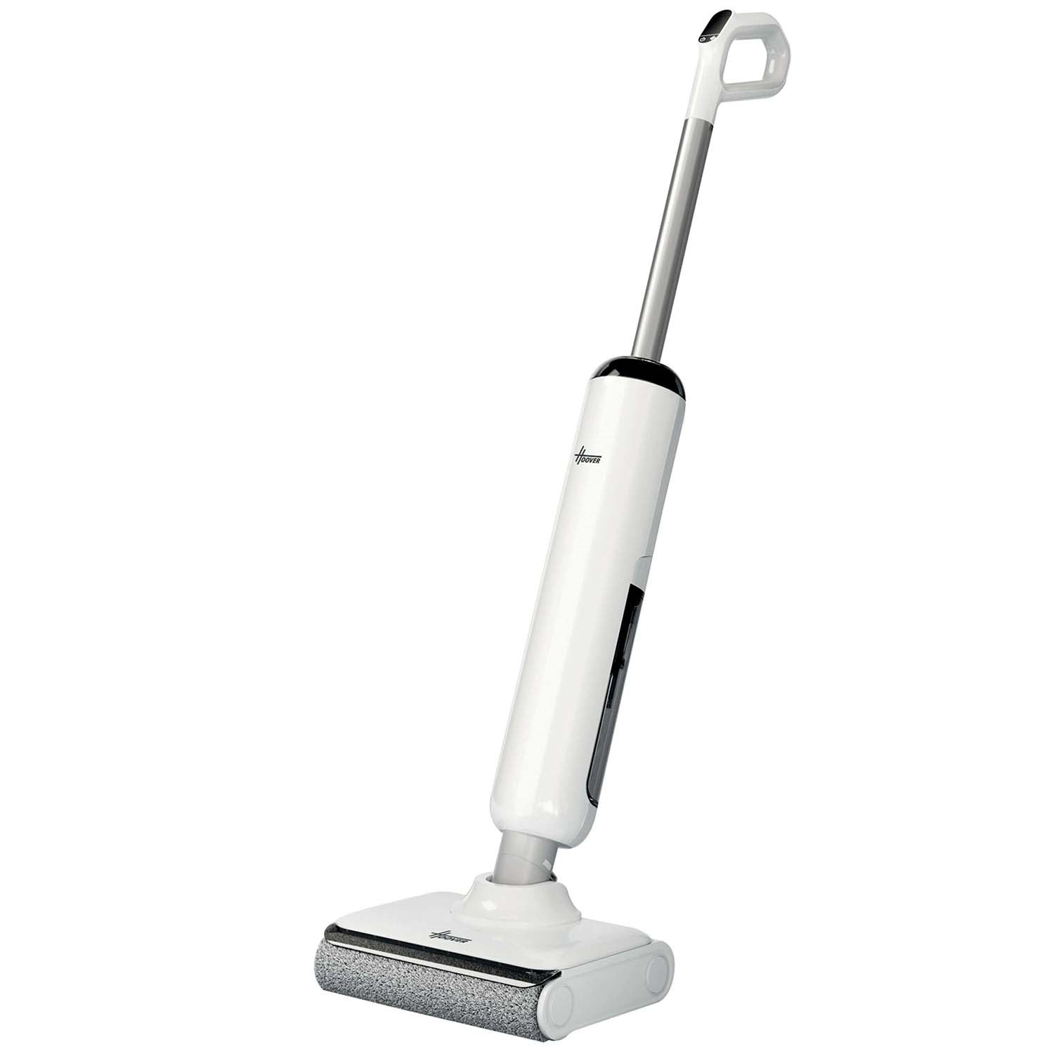 A white mop with a silver handle stands against a white background.